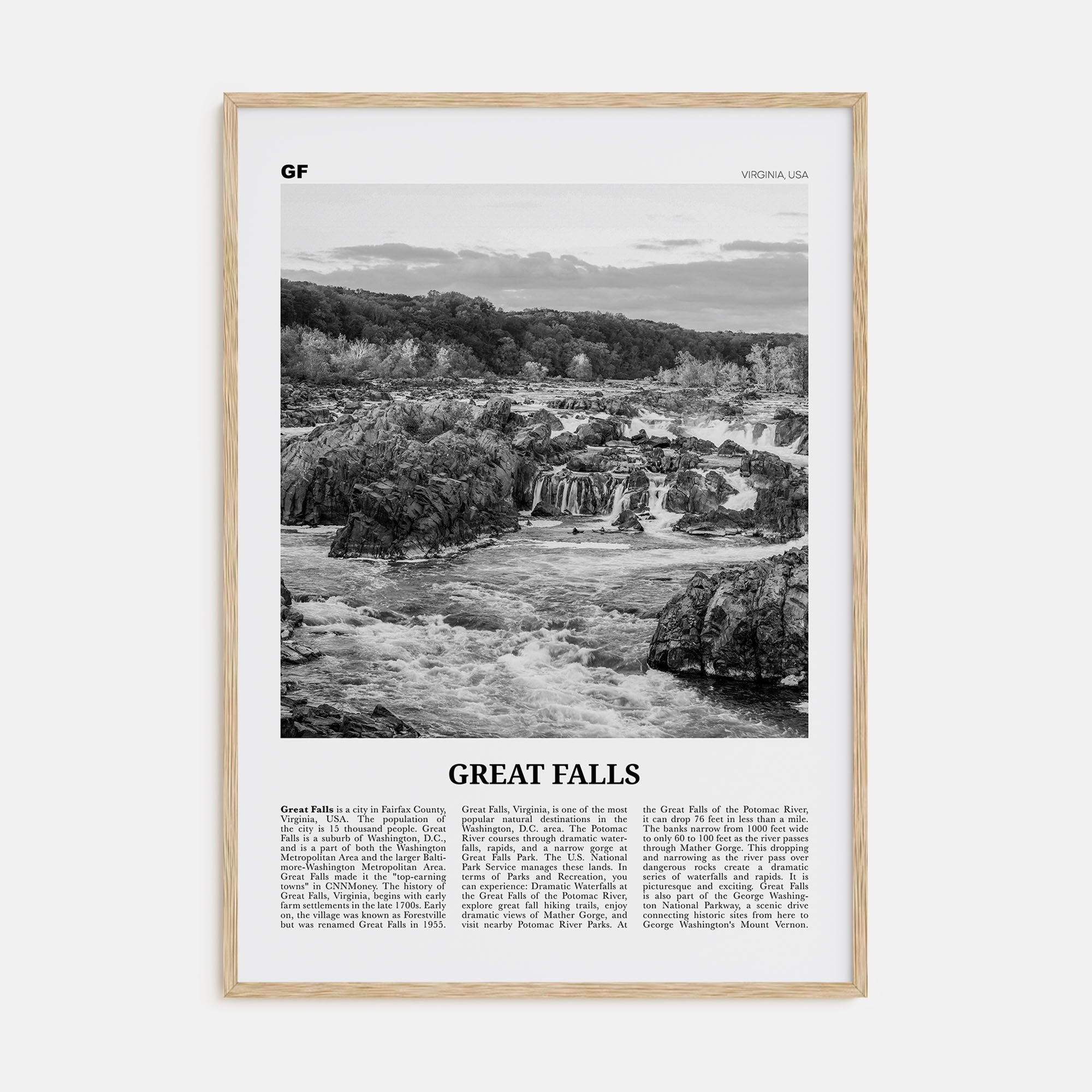 Great Falls, Virginia Travel B&W Poster