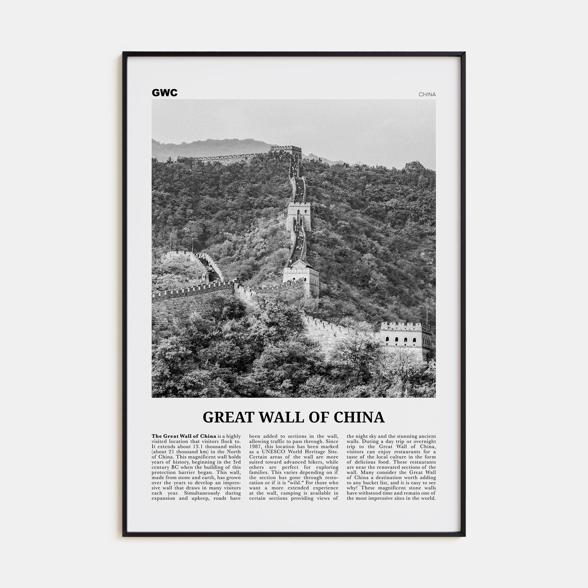 Great Wall of China Travel B&W Poster
