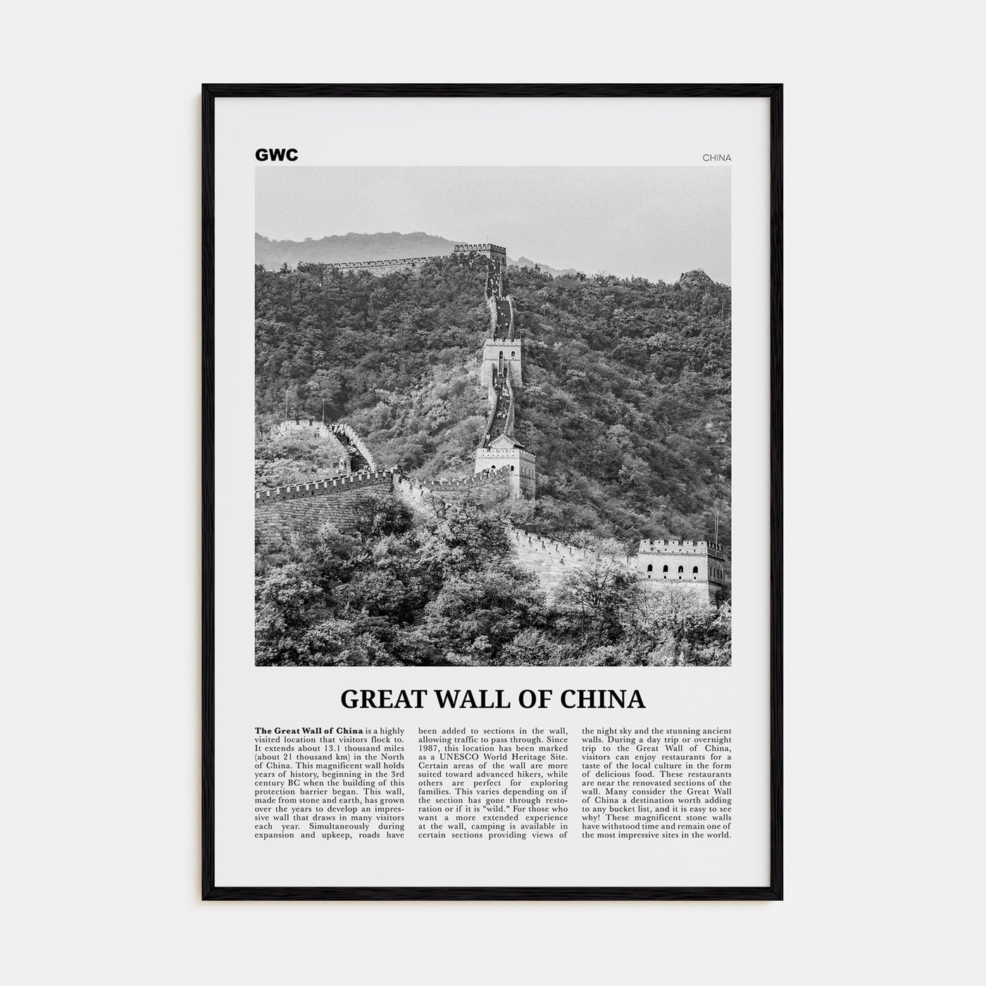 Great Wall of China Travel B&W Poster