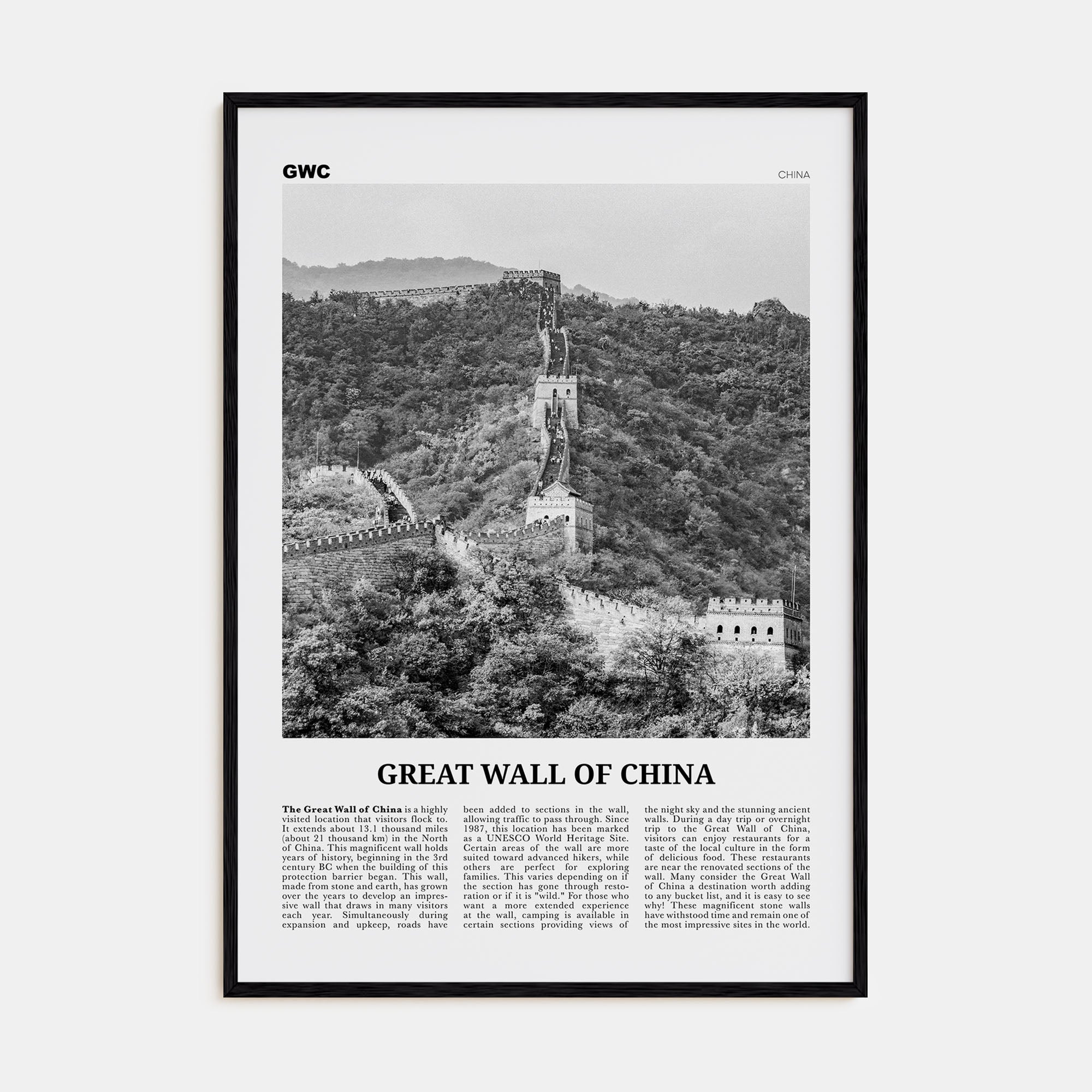 Great Wall of China Travel B&W Poster