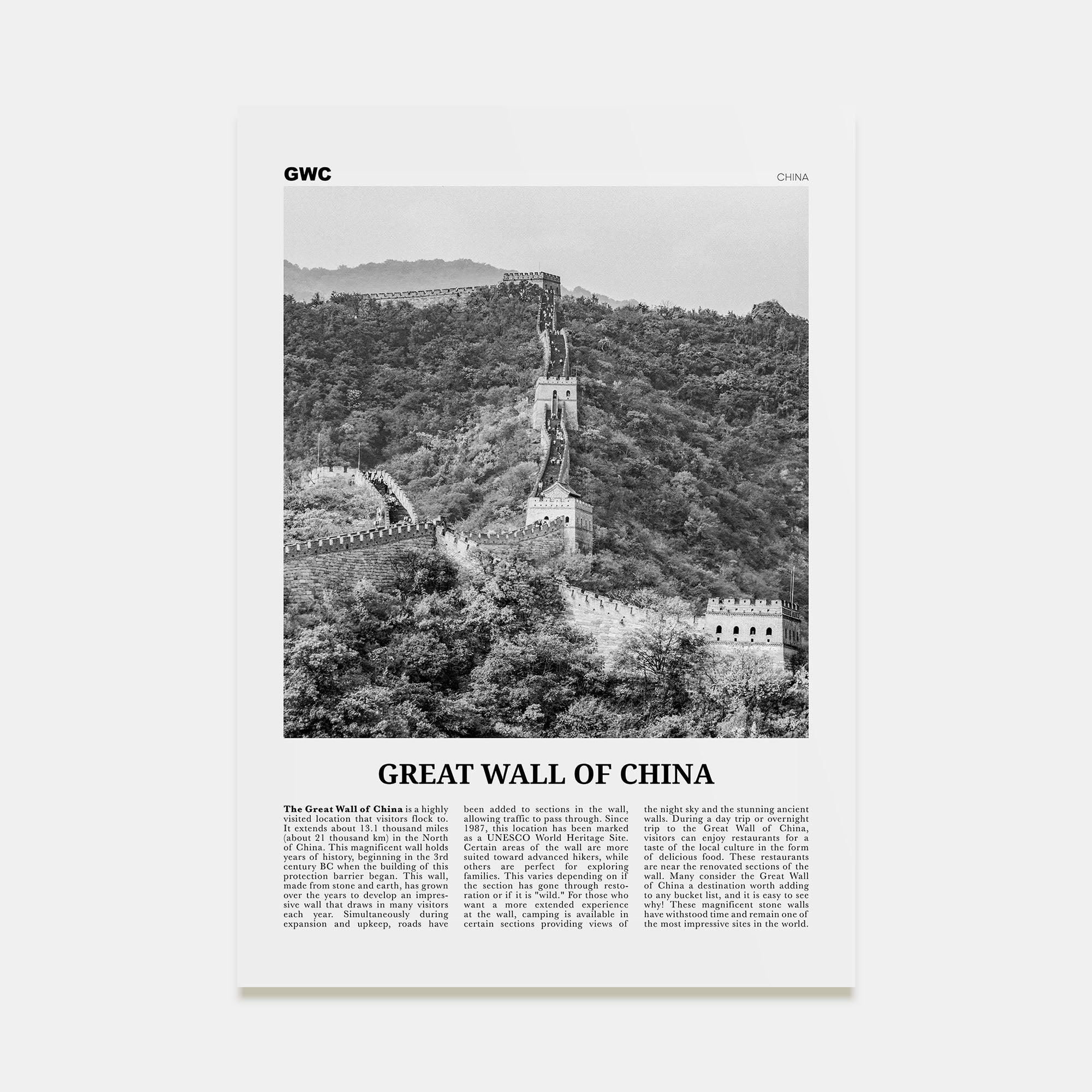 Great Wall of China Travel B&W Poster