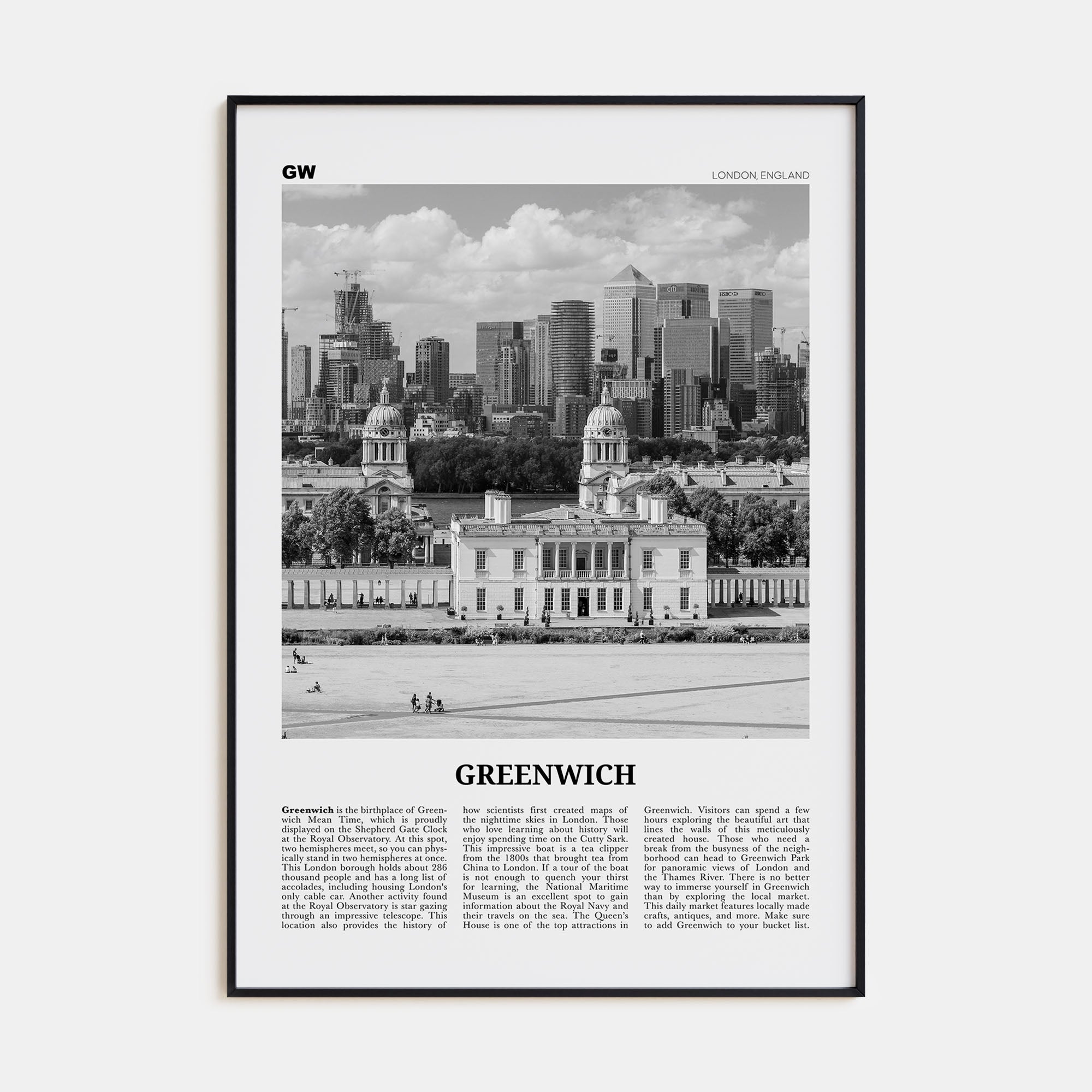 Greenwich, London Travel B&W Poster