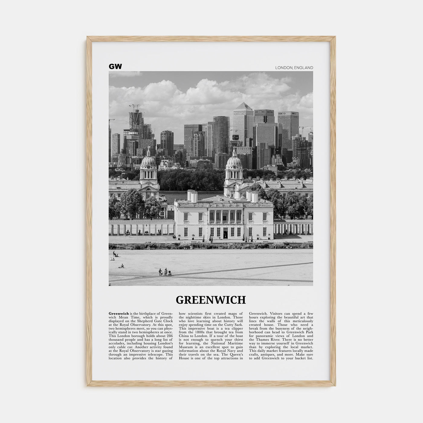 Greenwich, London Travel B&W Poster