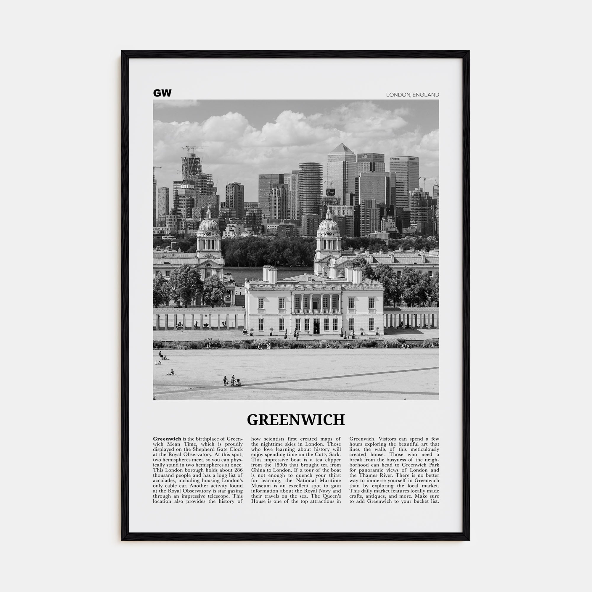Greenwich, London Travel B&W Poster