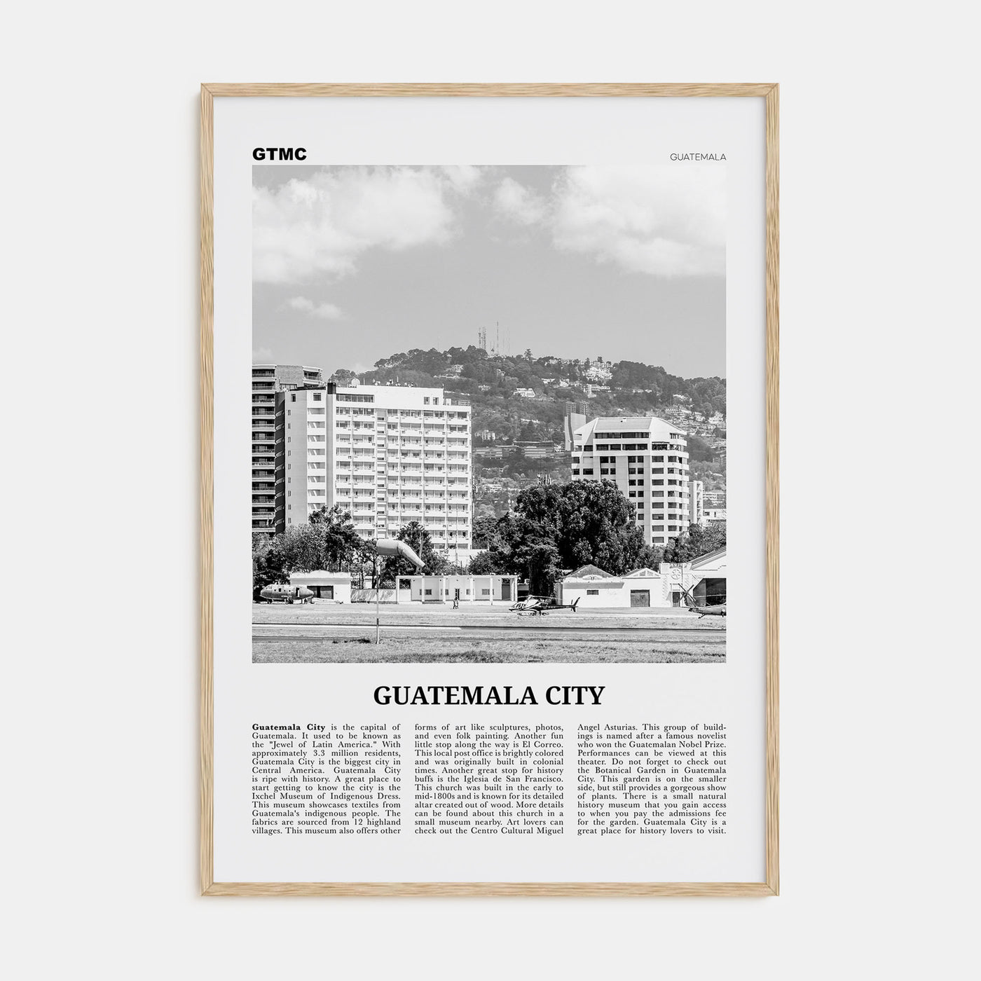 Guatemala City Travel B&W Poster