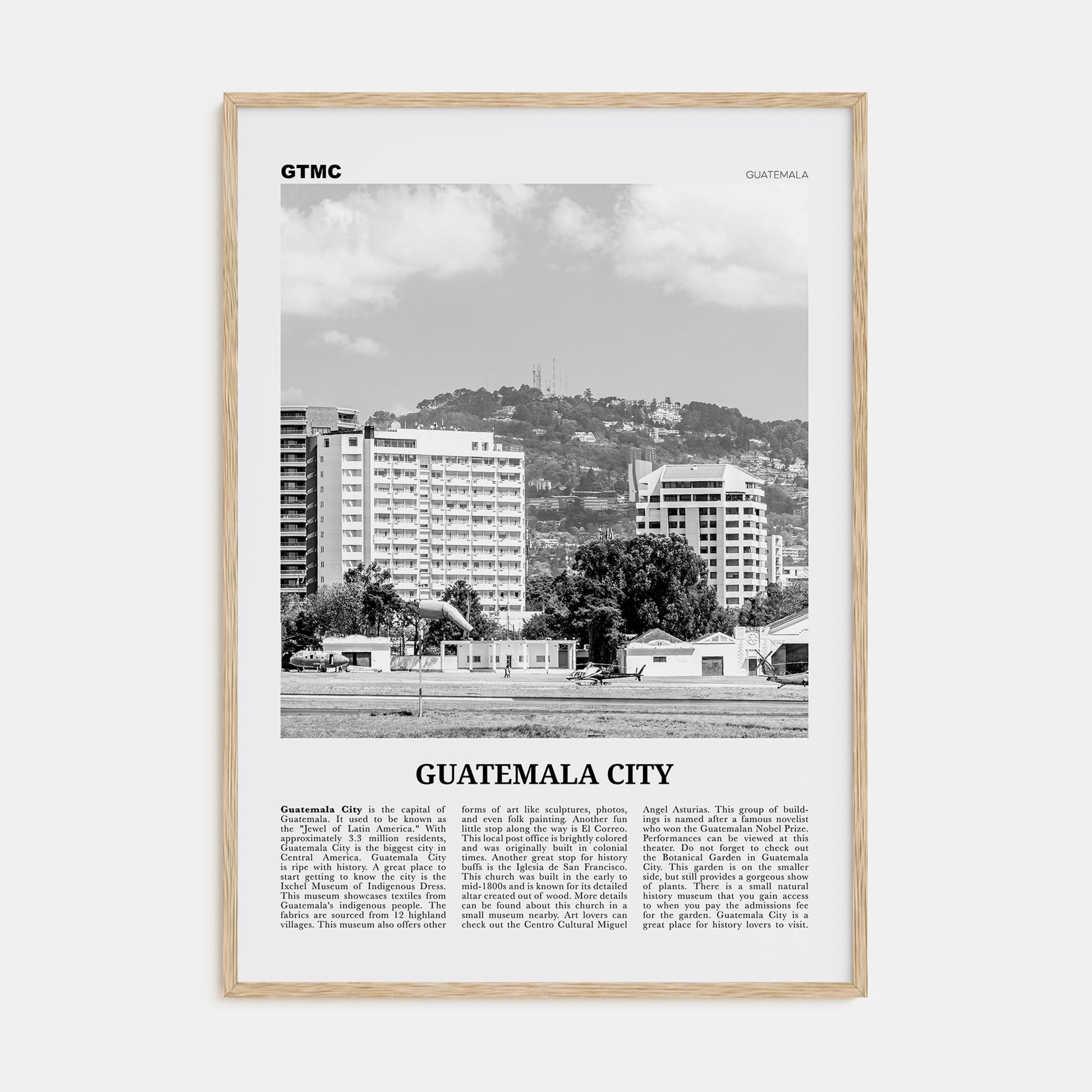 Guatemala City Travel B&W Poster