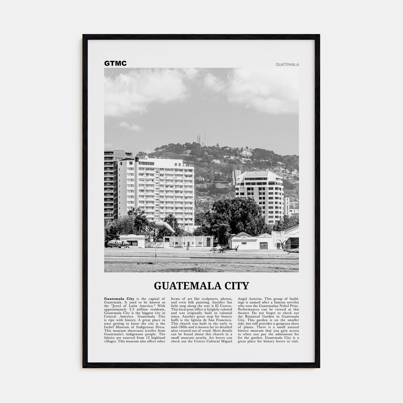 Guatemala City Travel B&W Poster