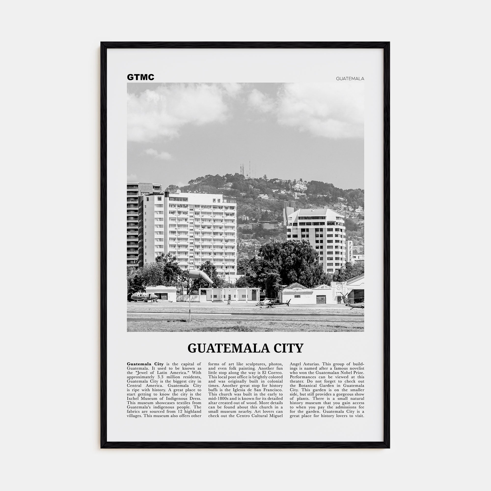 Guatemala City Travel B&W Poster