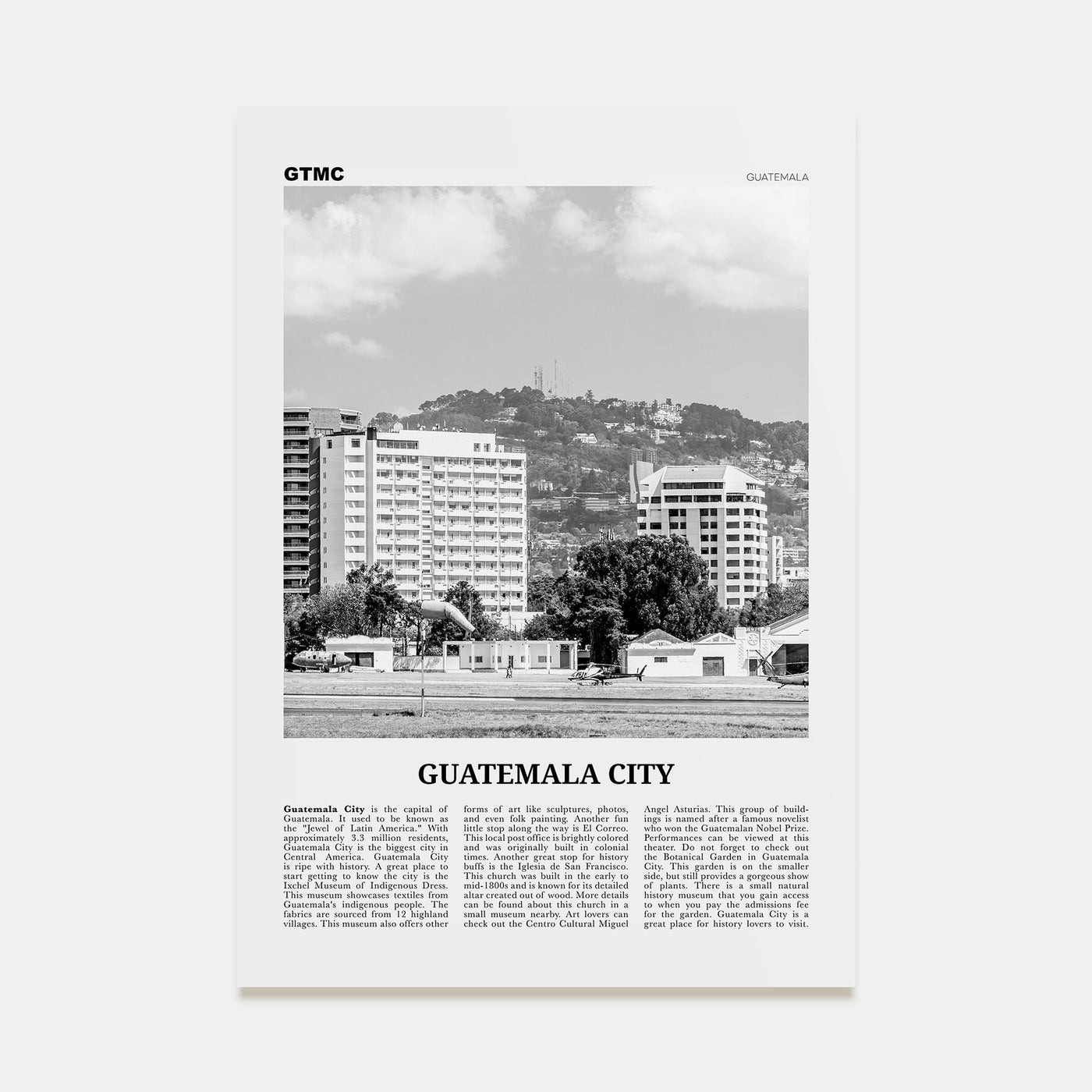 Guatemala City Travel B&W Poster