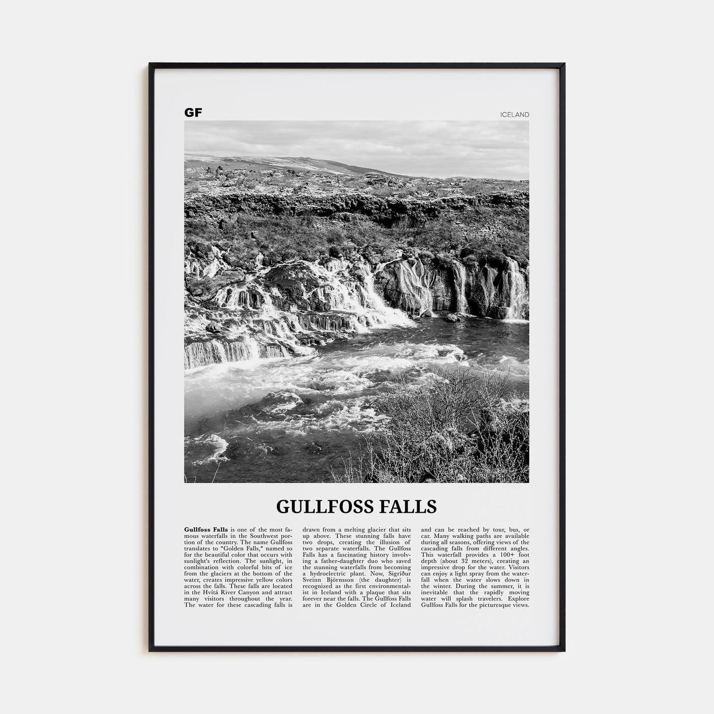 Gullfoss Falls Travel B&W Poster