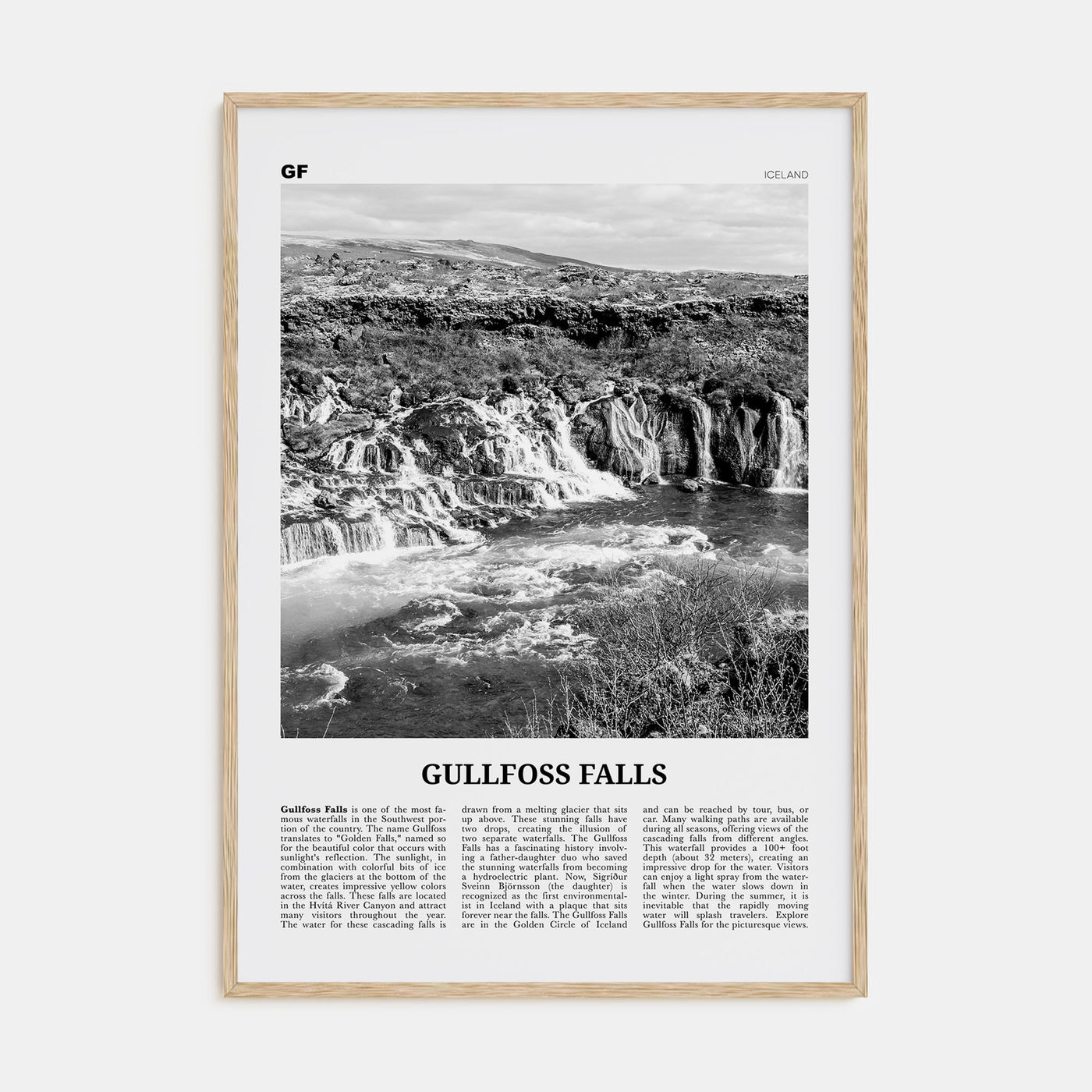 Gullfoss Falls Travel B&W Poster