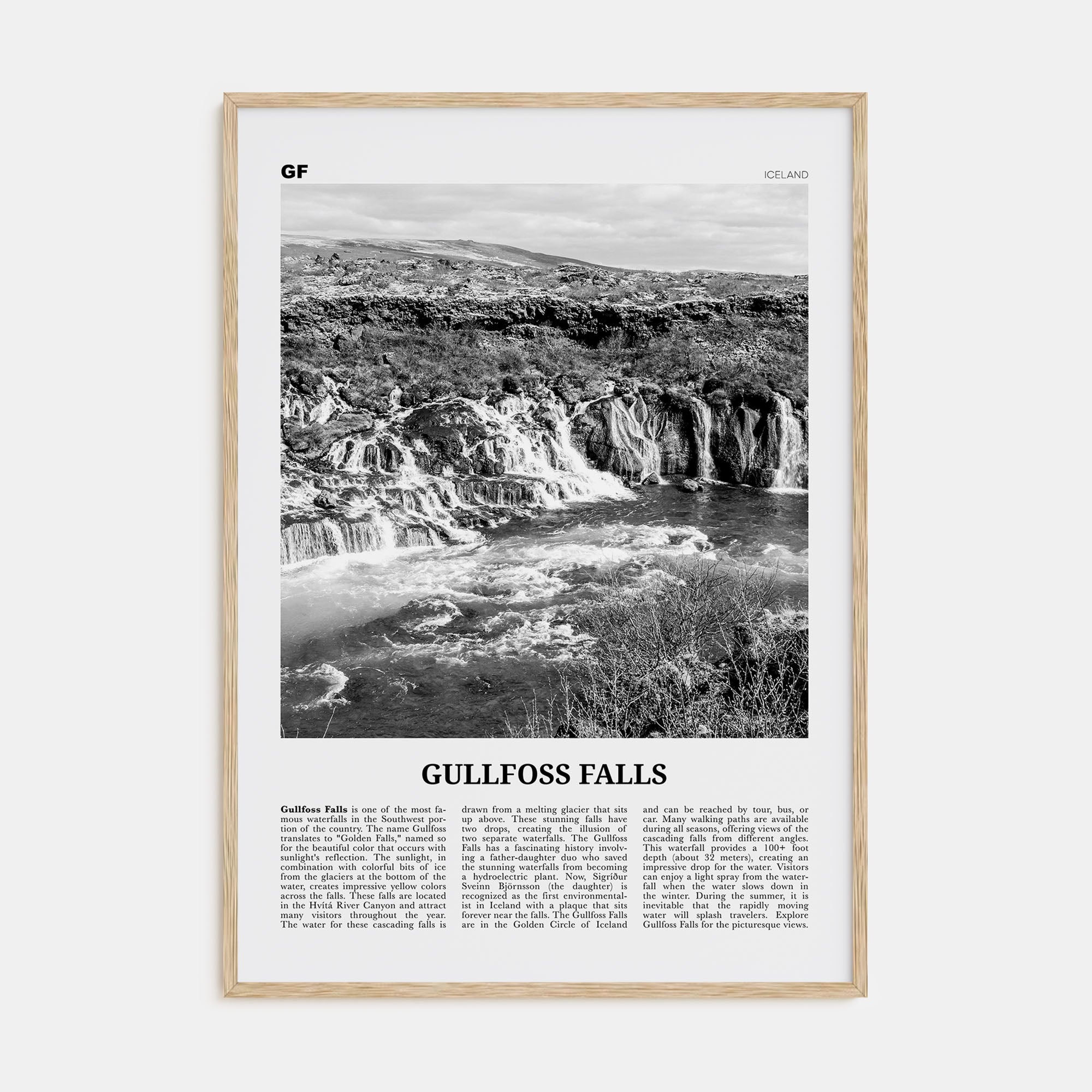 Gullfoss Falls Travel B&W Poster