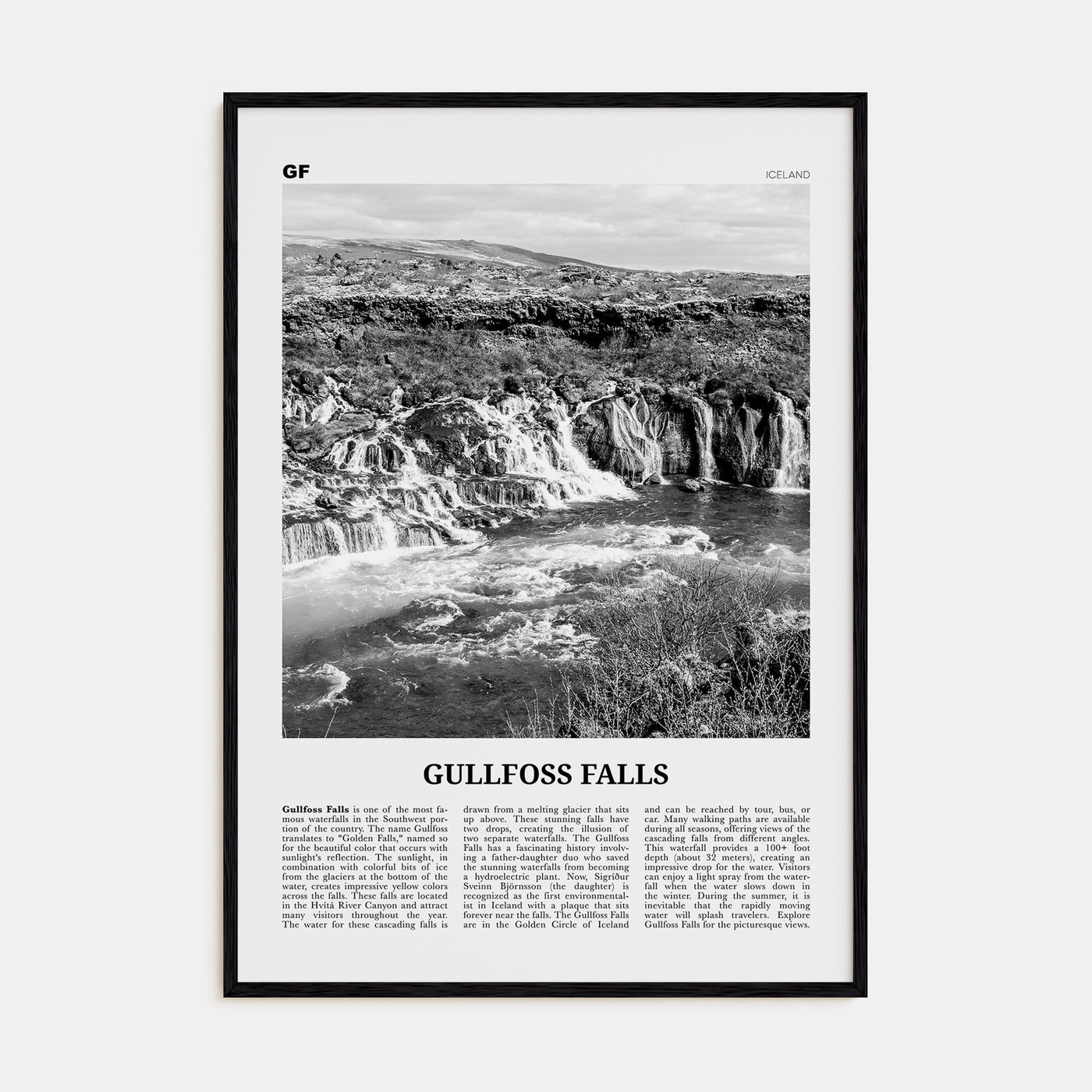 Gullfoss Falls Travel B&W Poster