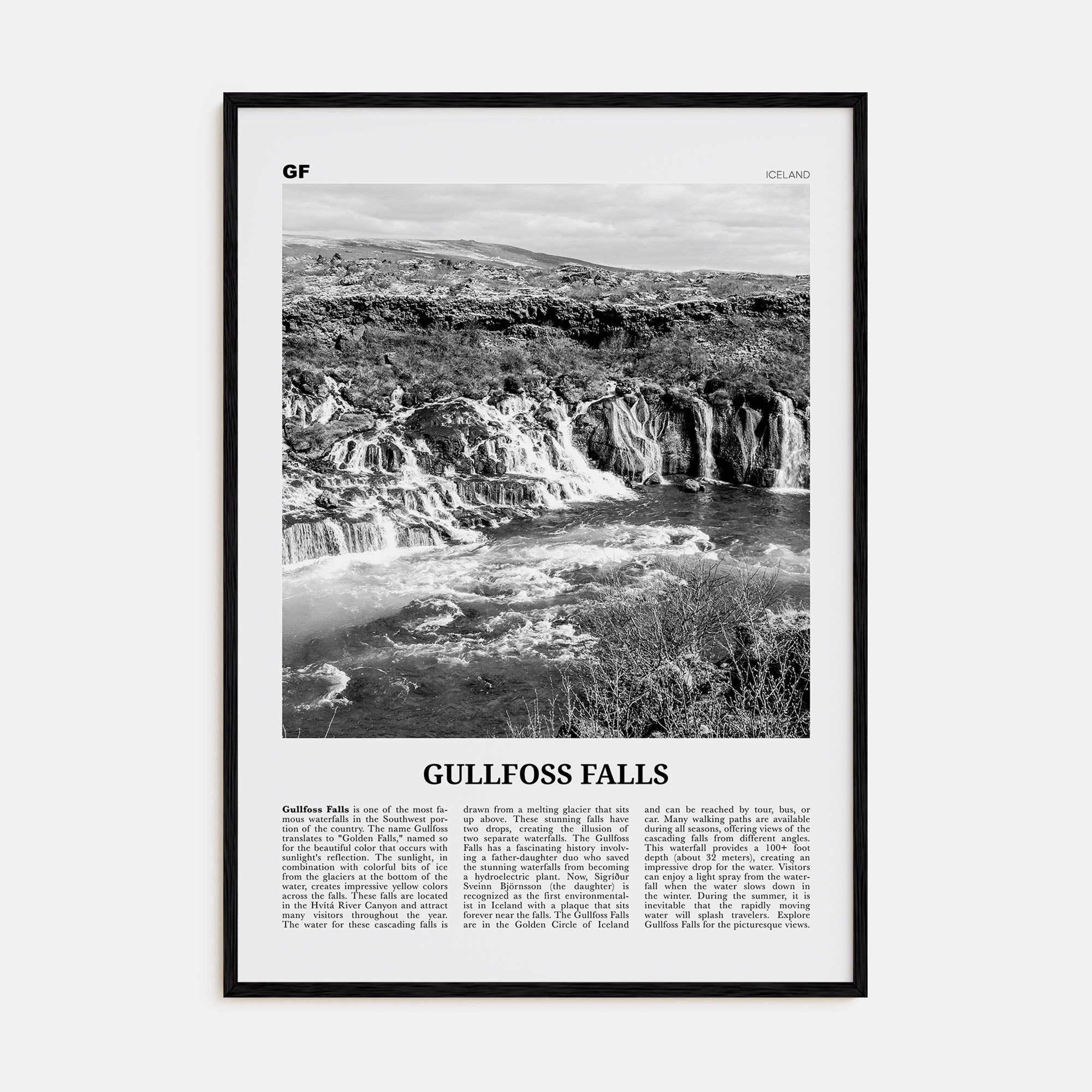 Gullfoss Falls Travel B&W Poster