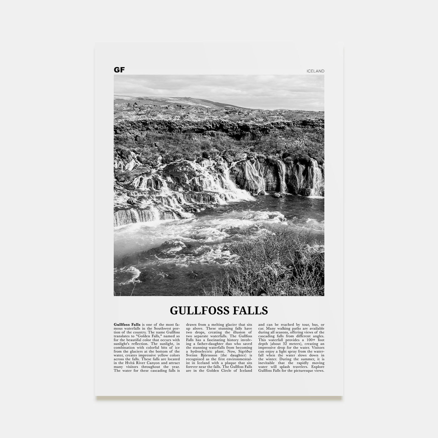 Gullfoss Falls Travel B&W Poster