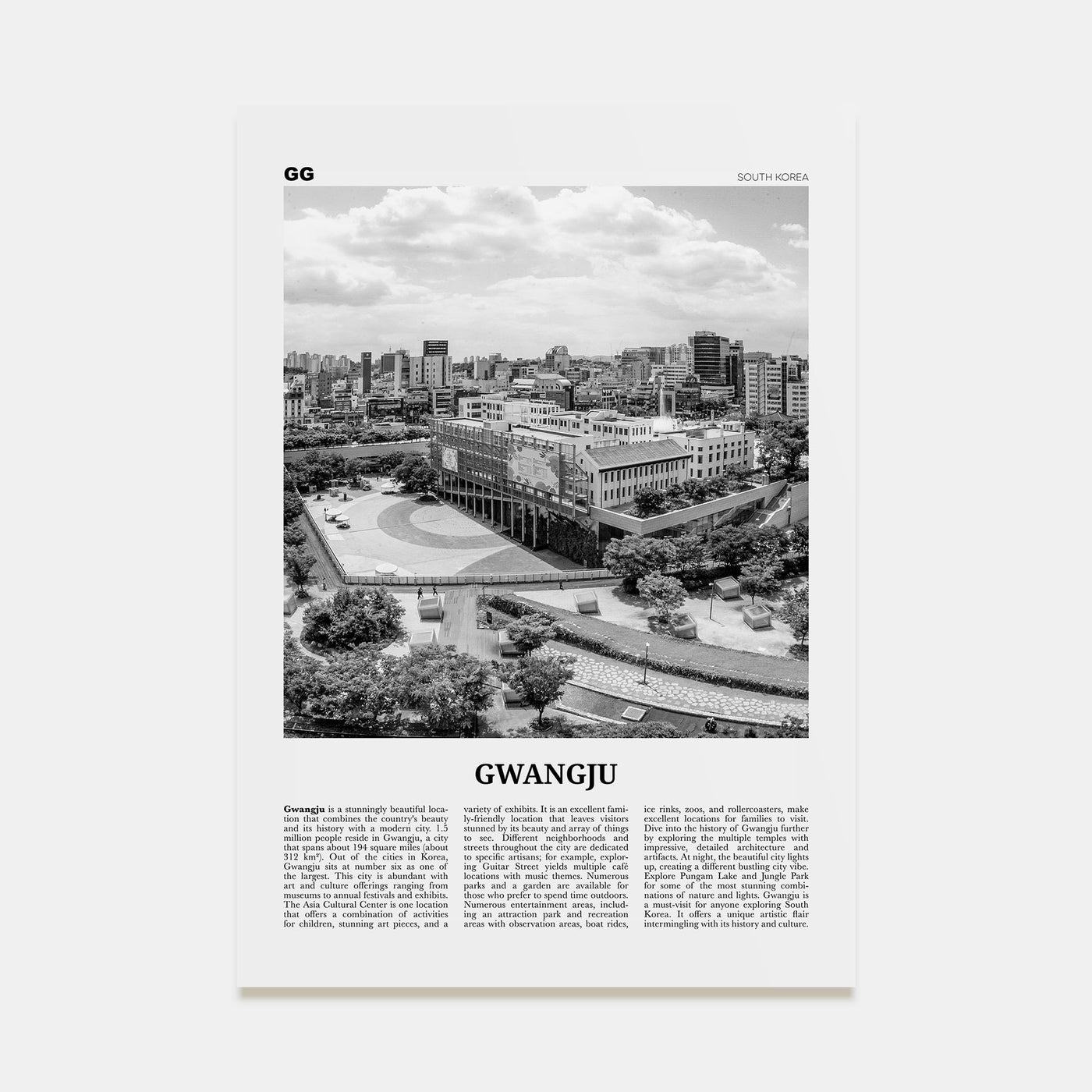 Gwangju Travel B&W Poster