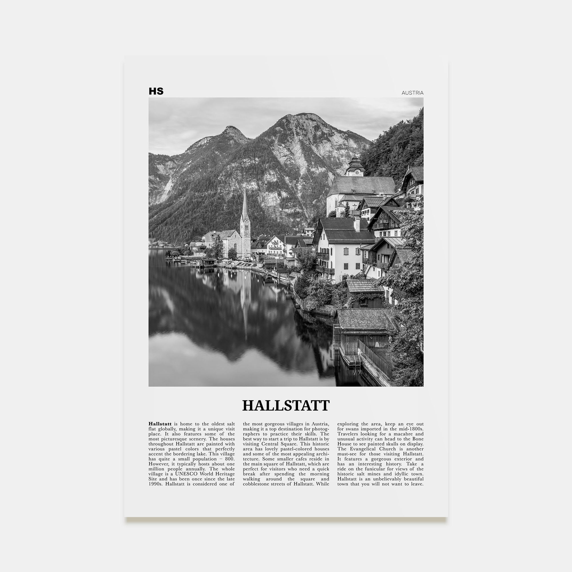 Hallstatt Travel B&W Poster