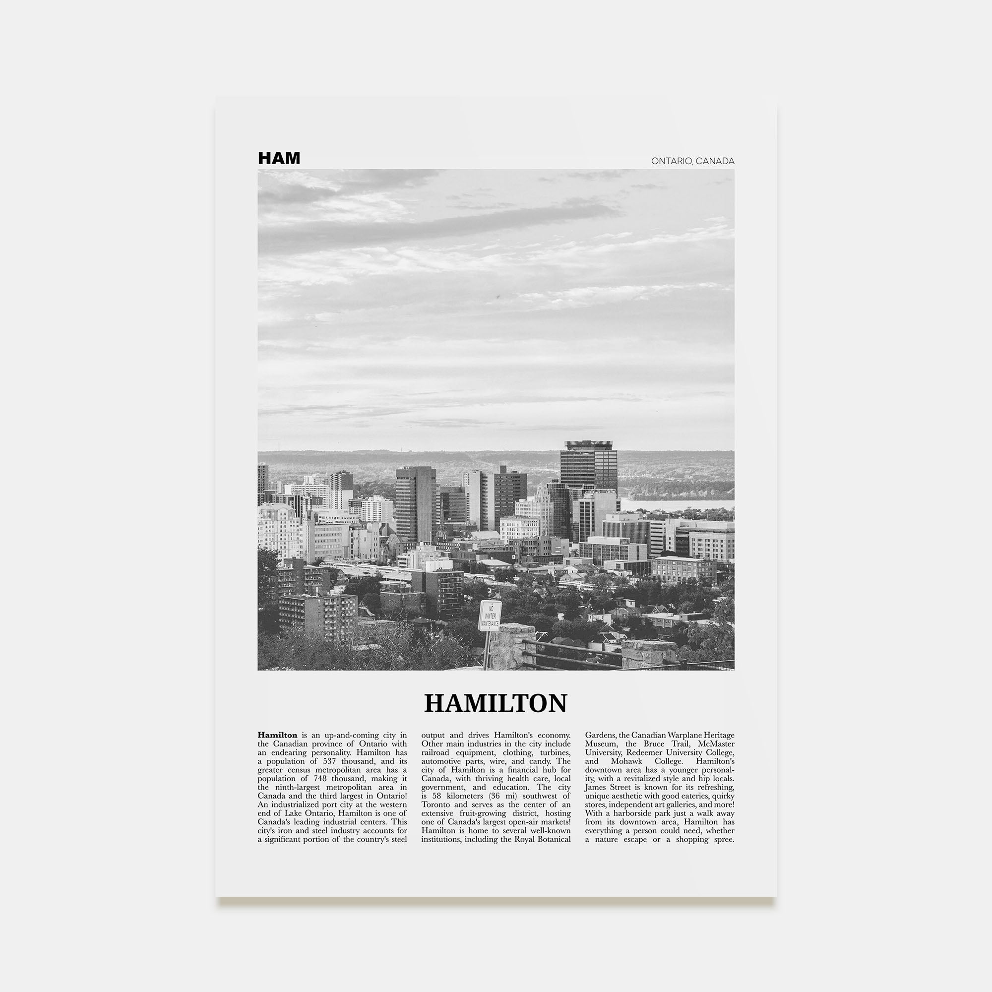 Hamilton, Canada Travel B&W No 1 Poster