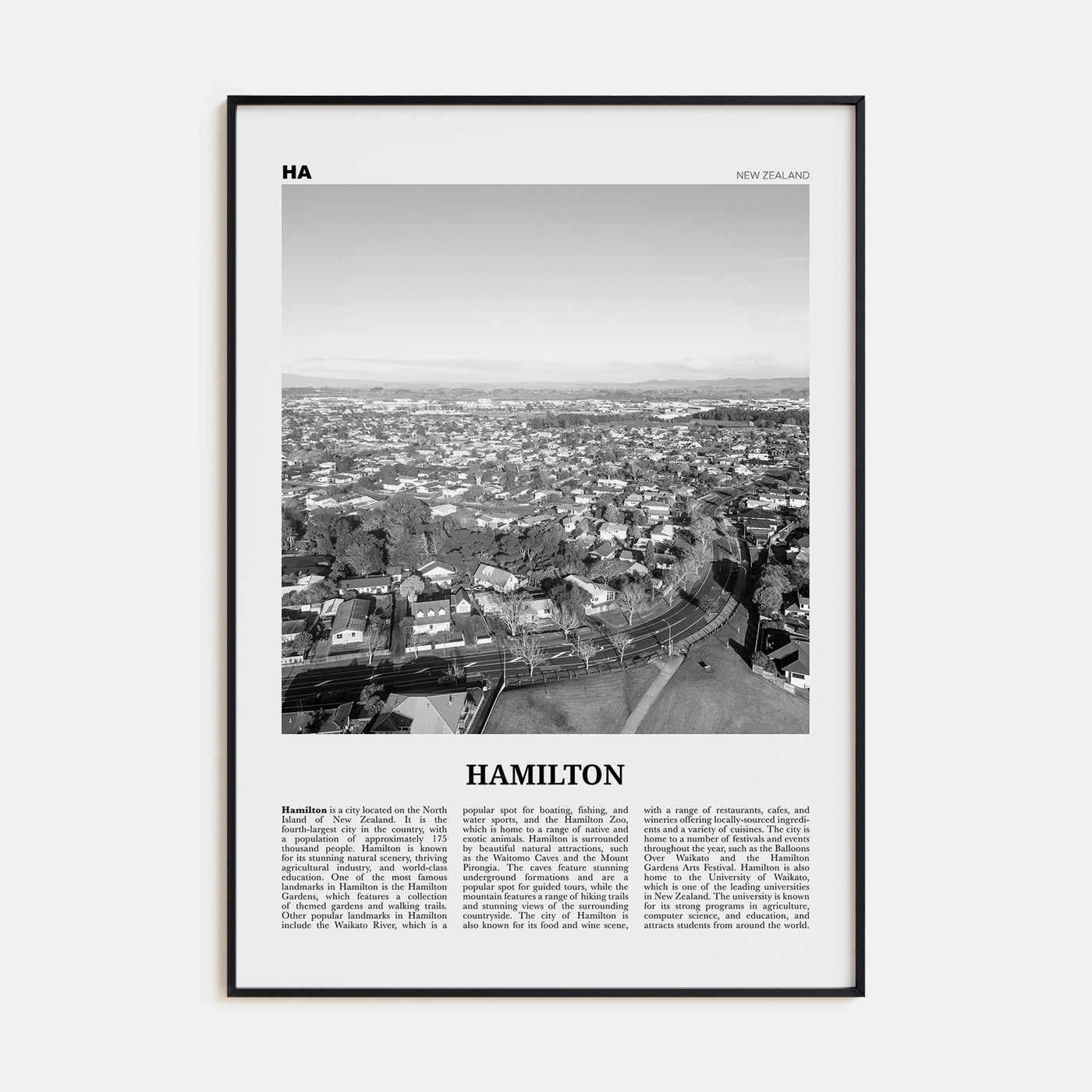 Hamilton, New Zealand Travel B&W Poster