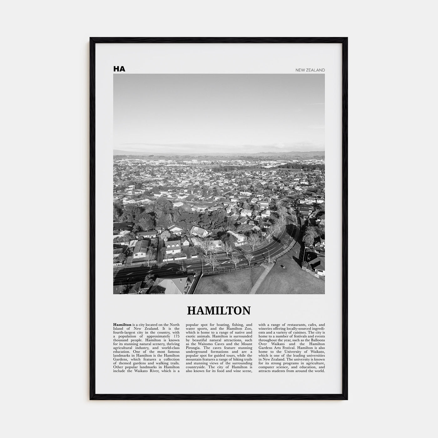 Hamilton, New Zealand Travel B&W Poster