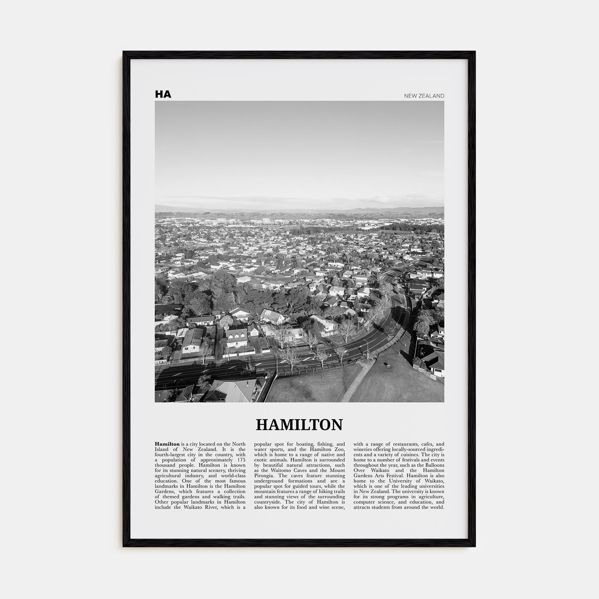 Hamilton, New Zealand Travel B&W Poster