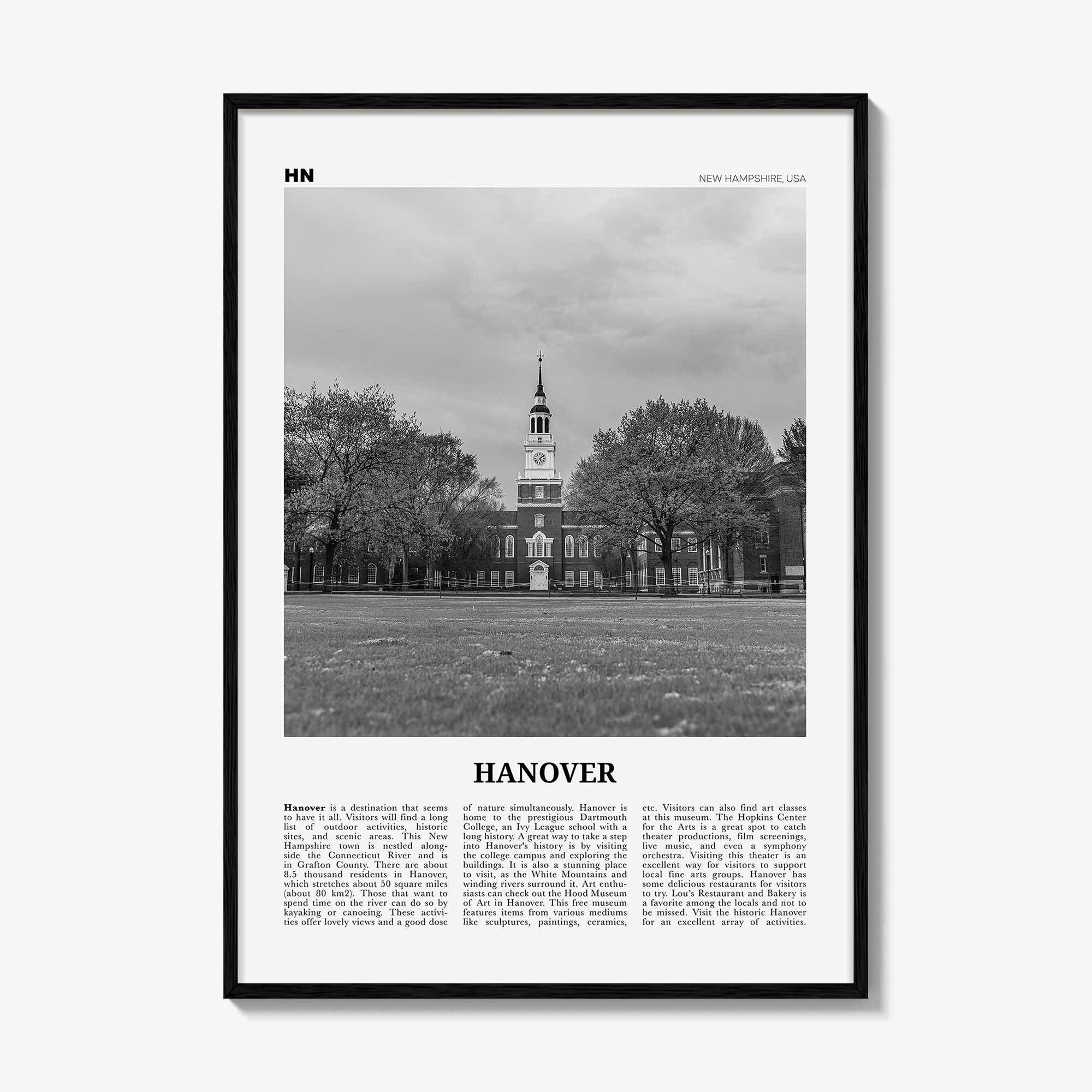 Hanover Print Black and White, Hanover Wall Art, Hanover Poster, Hanover Photo, Hanover Wall Décor, Hanover Map, New Hampshire, USA