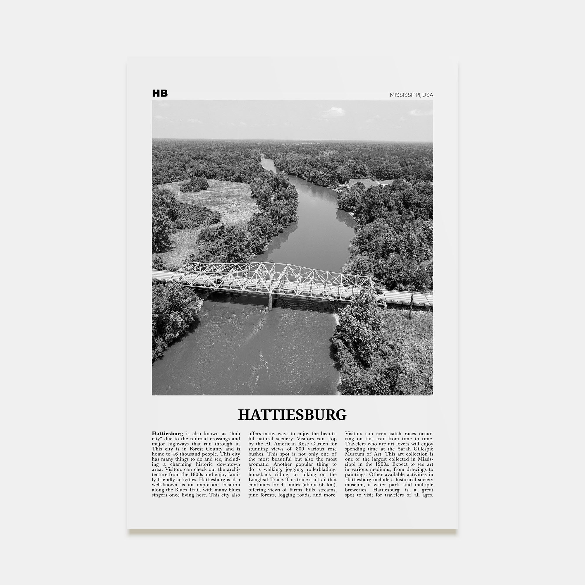 Hattiesburg Travel B&W Poster