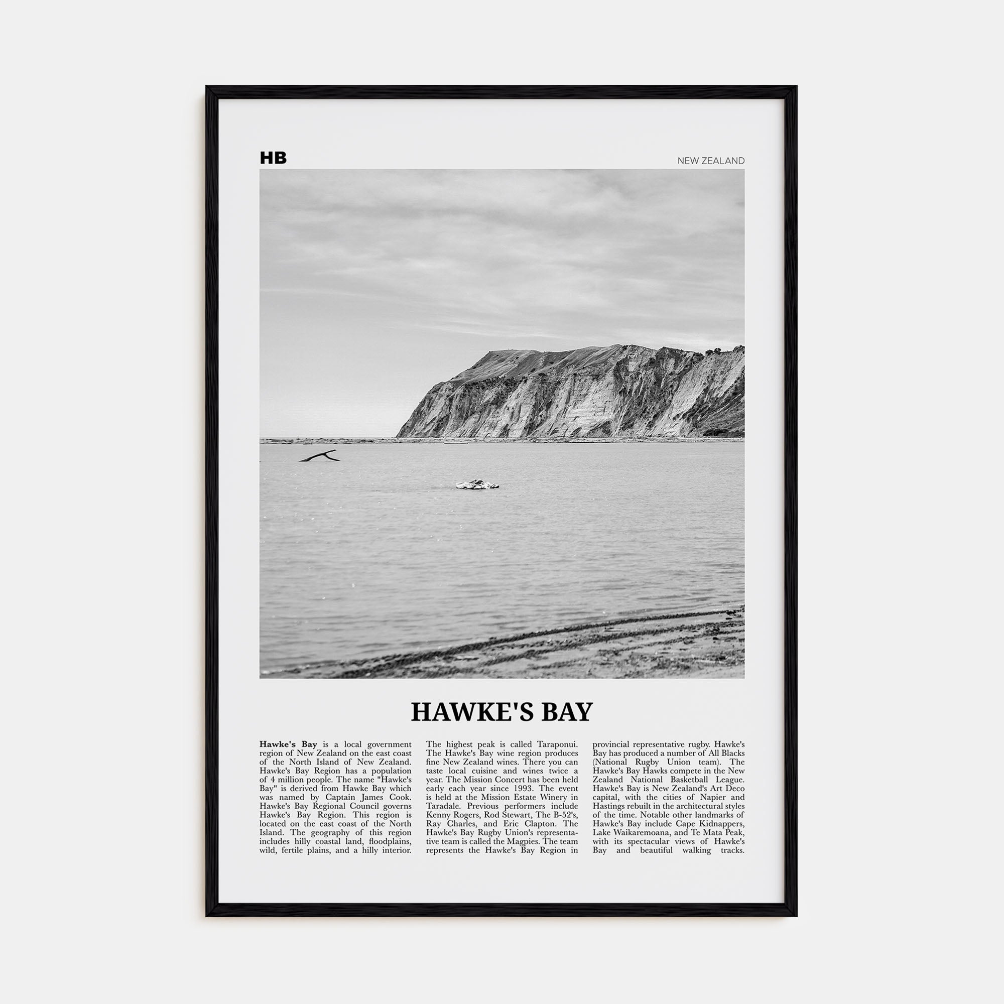 Hawke's Bay Travel B&W Poster