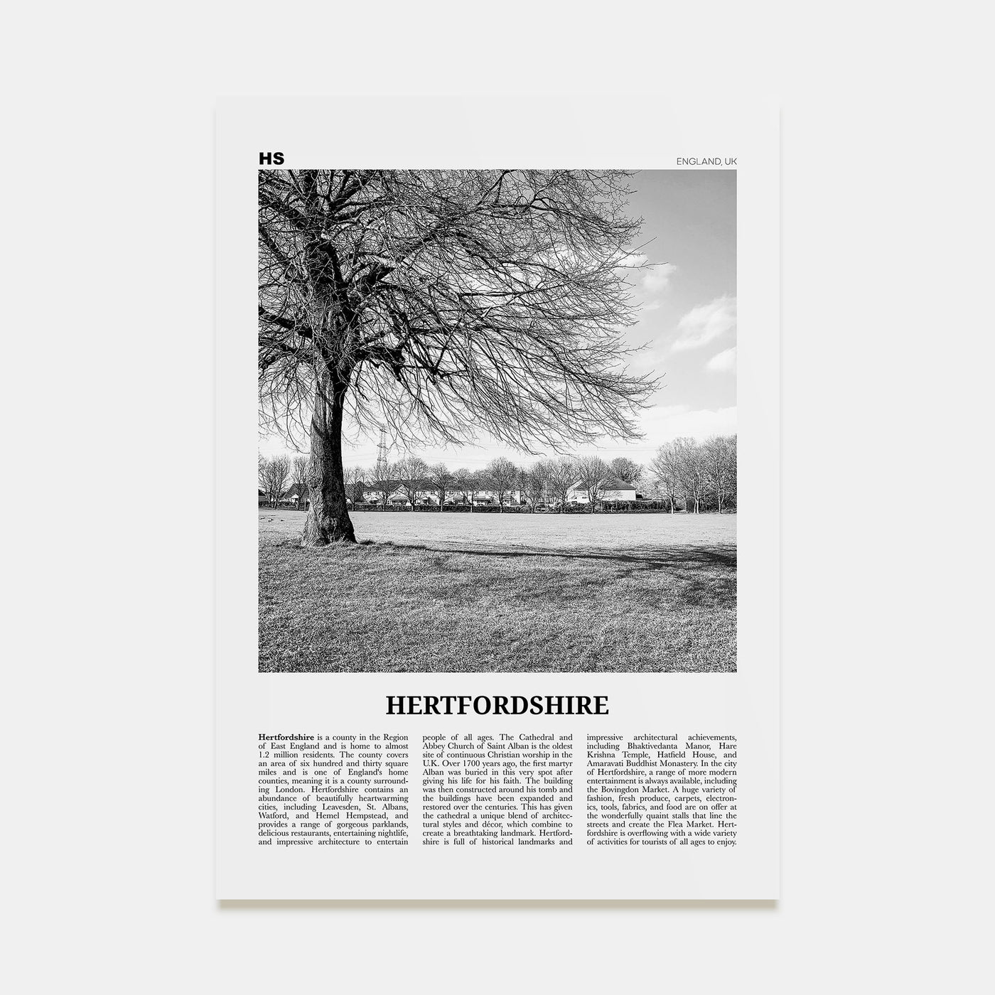 Hertfordshire Travel B&W Poster