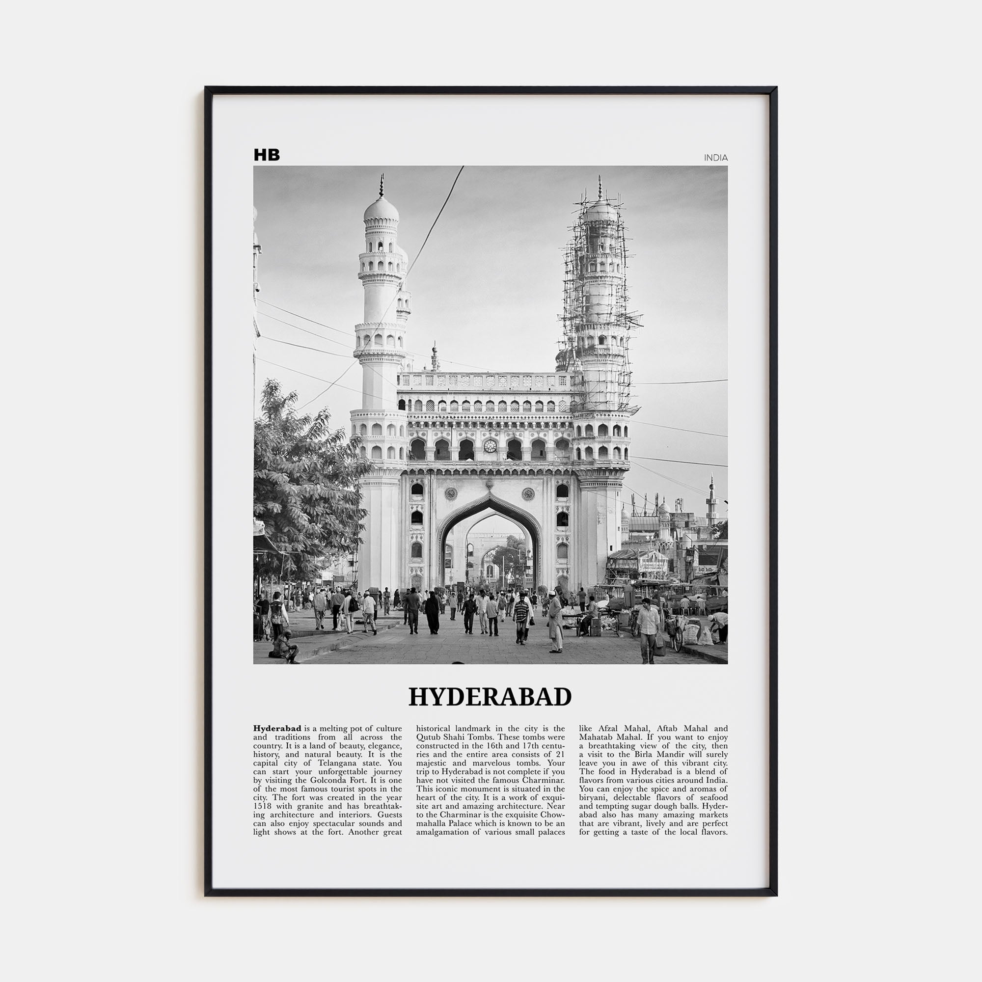 Hyderabad Travel B&W Poster