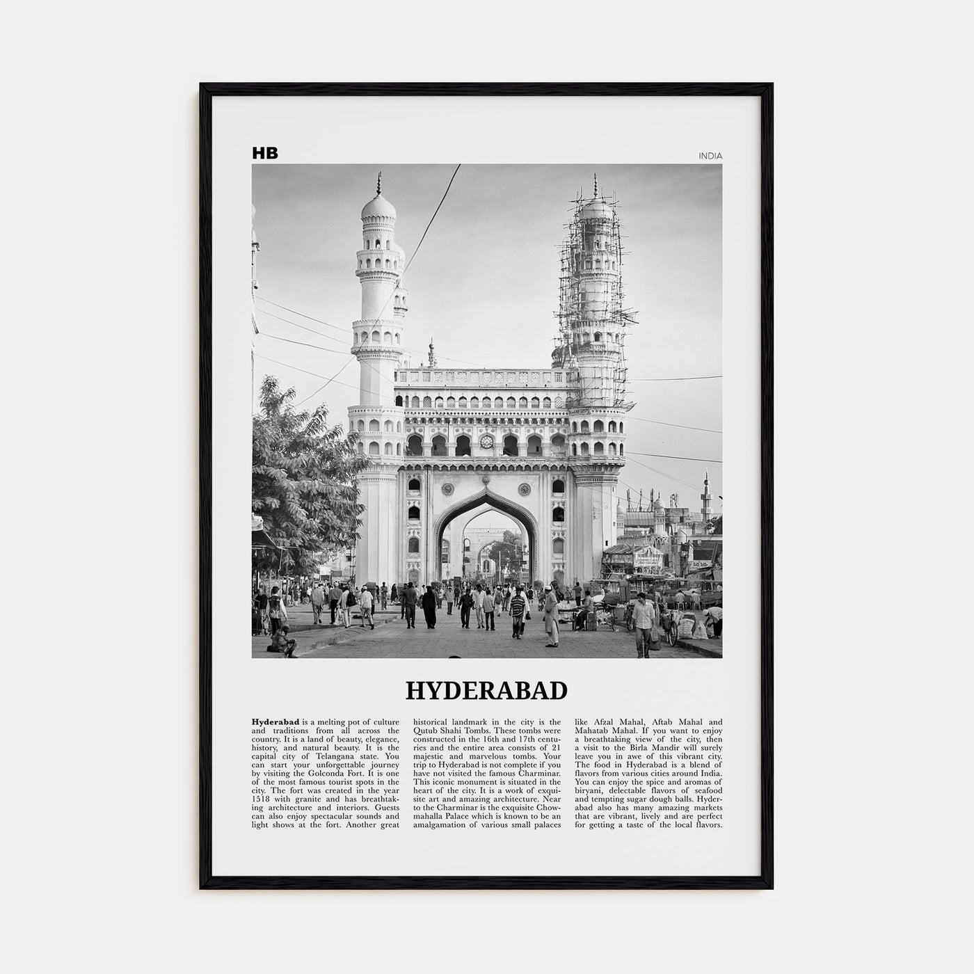 Hyderabad Travel B&W Poster
