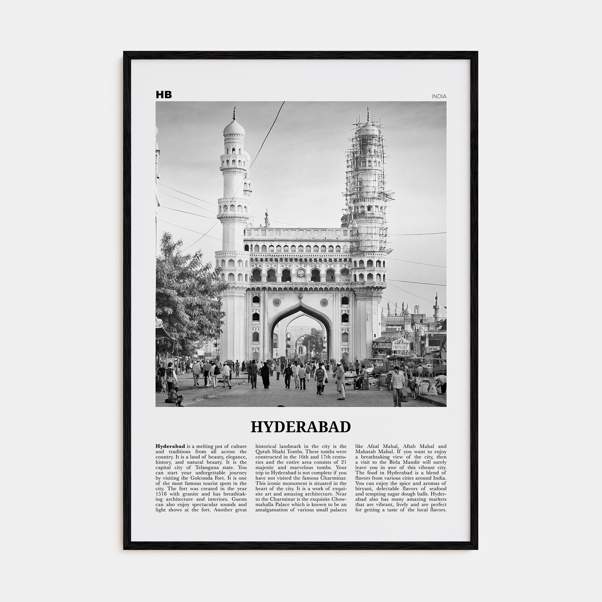 Hyderabad Travel B&W Poster