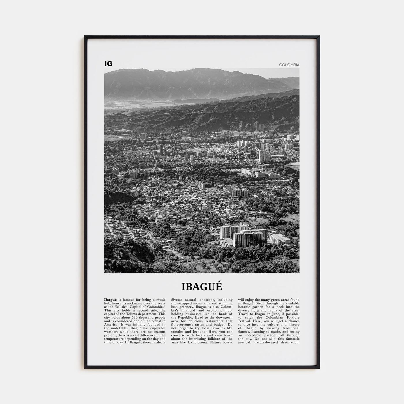 Ibagué Travel B&W Poster
