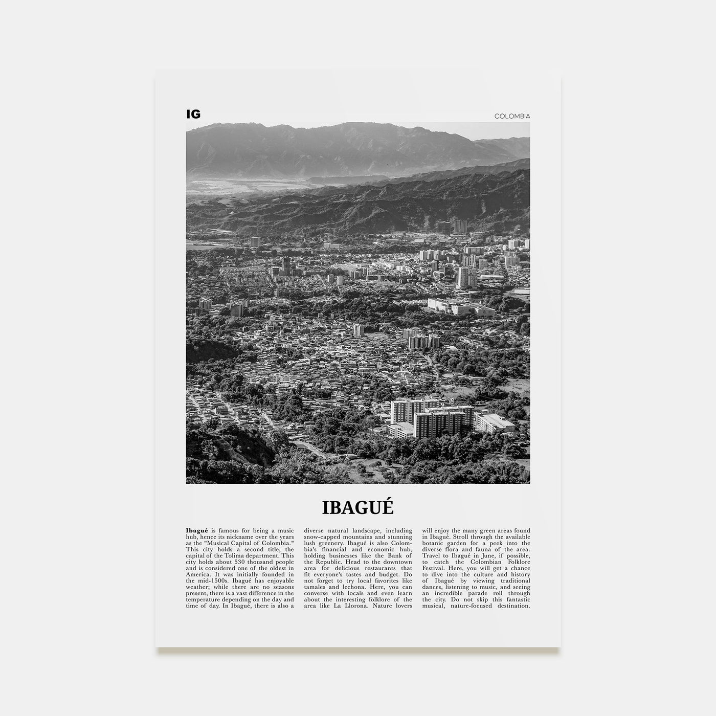 Ibagué Travel B&W Poster