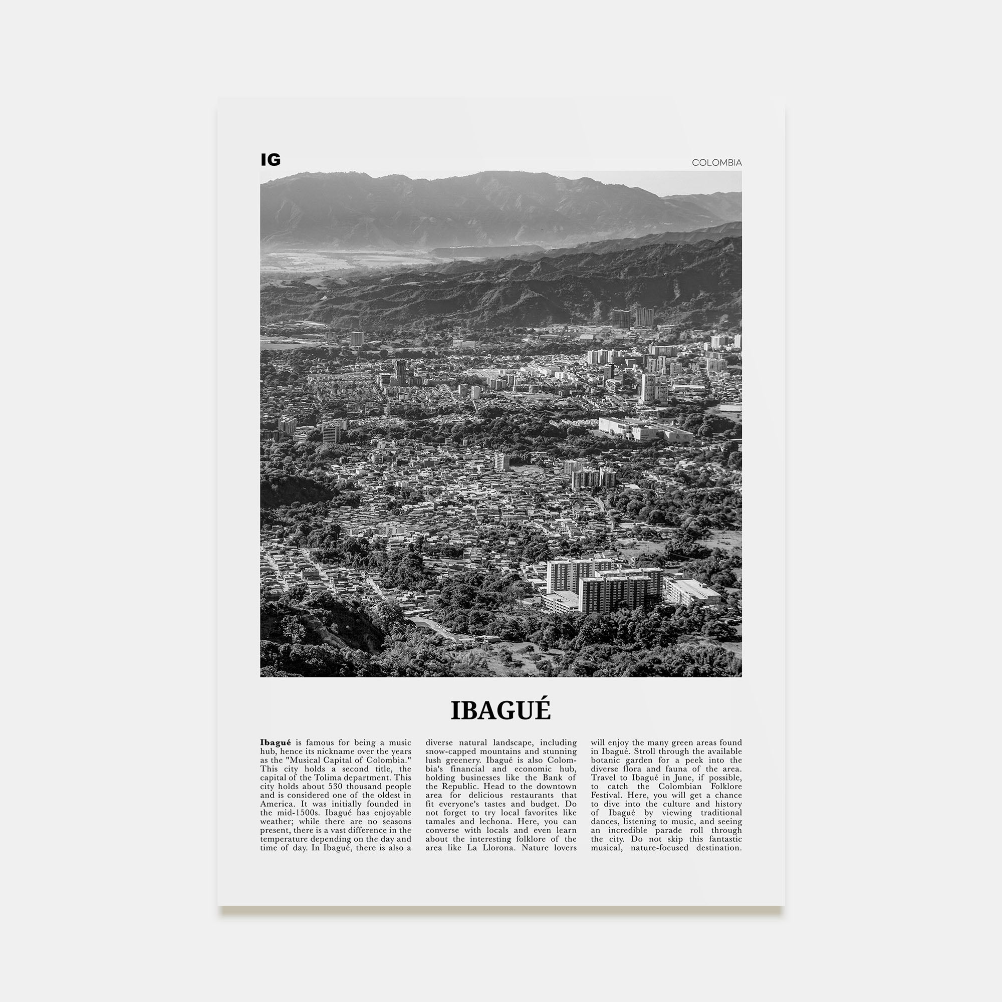 Ibagué Travel B&W Poster