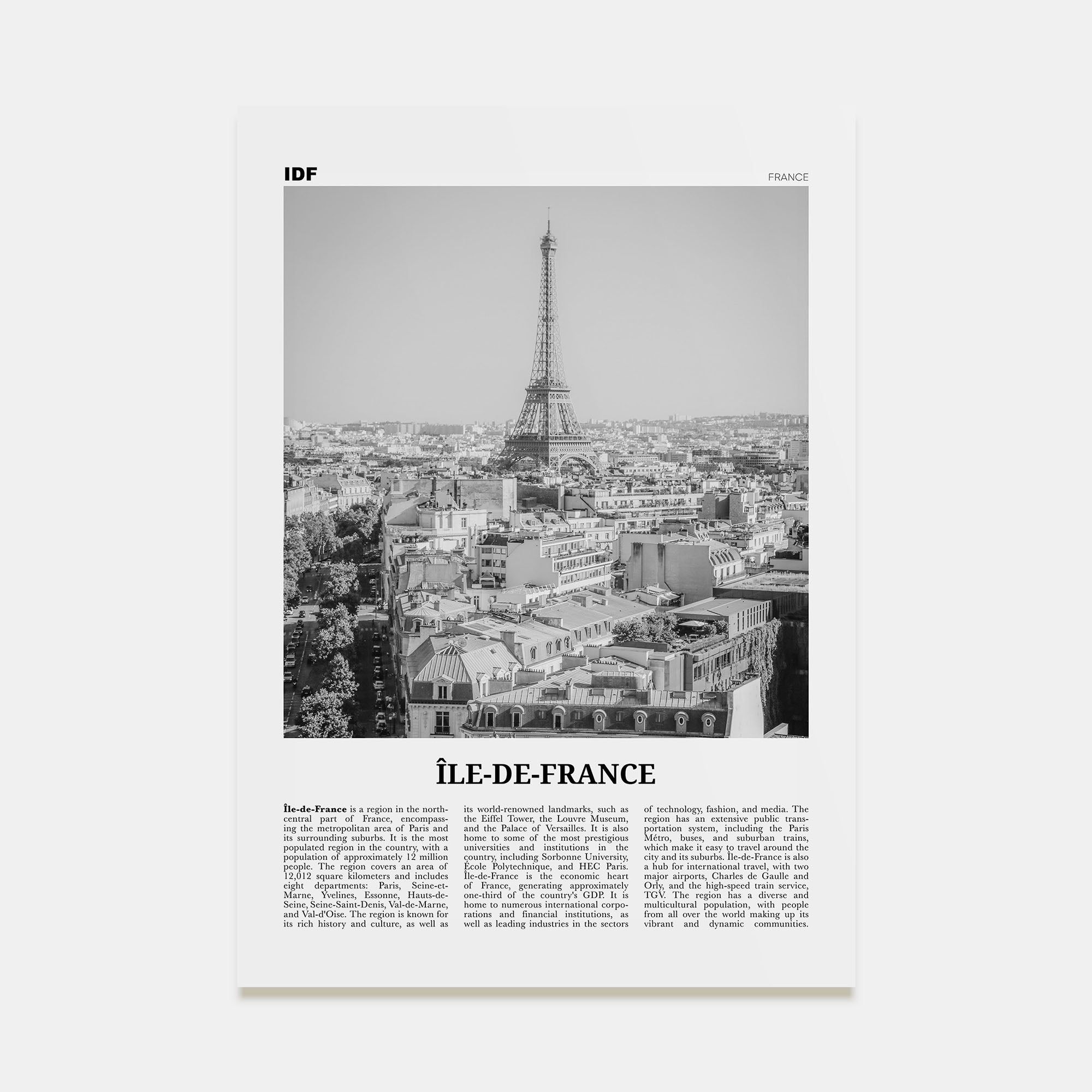 Île-de-France Travel B&W Poster