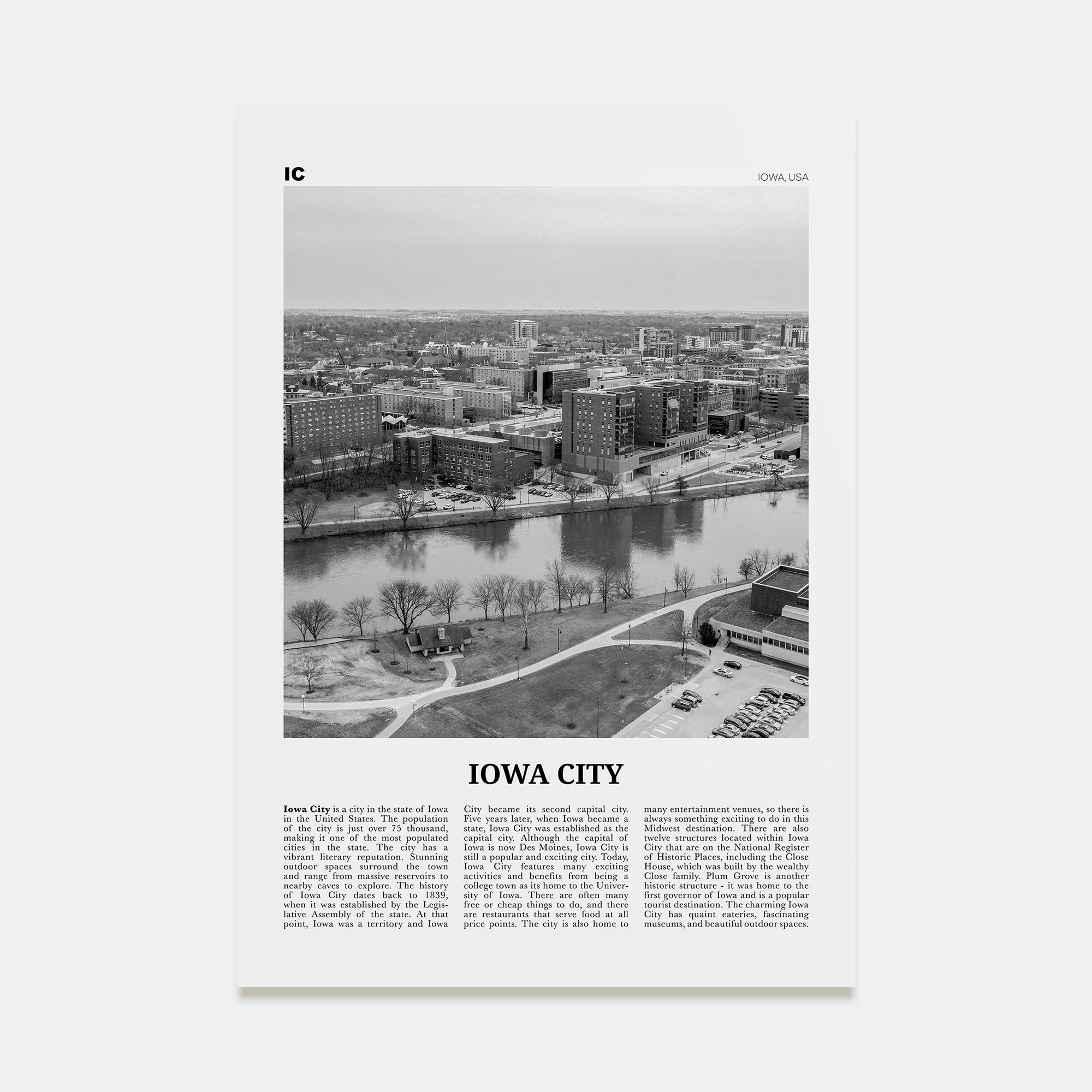 Iowa City Travel B&W Poster