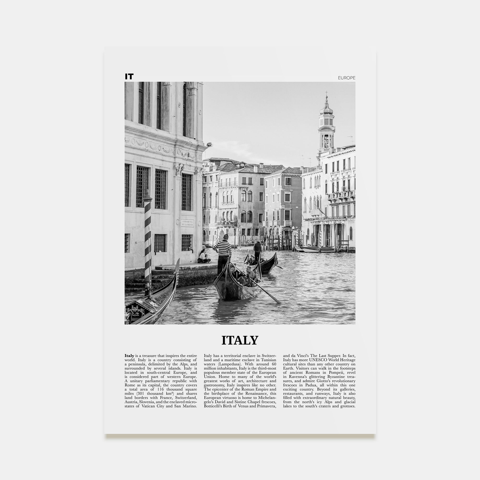 Italy Travel B&W No 1 Poster
