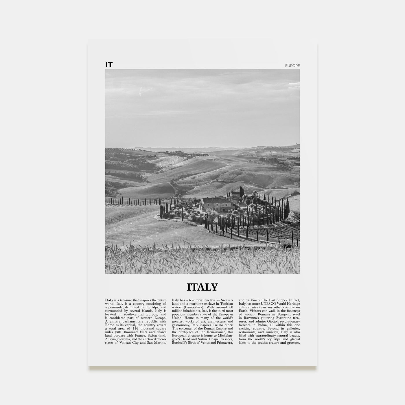 Italy Travel B&W No 3 Poster