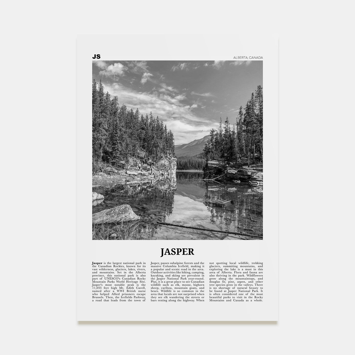 Jasper National Park Travel B&W Poster