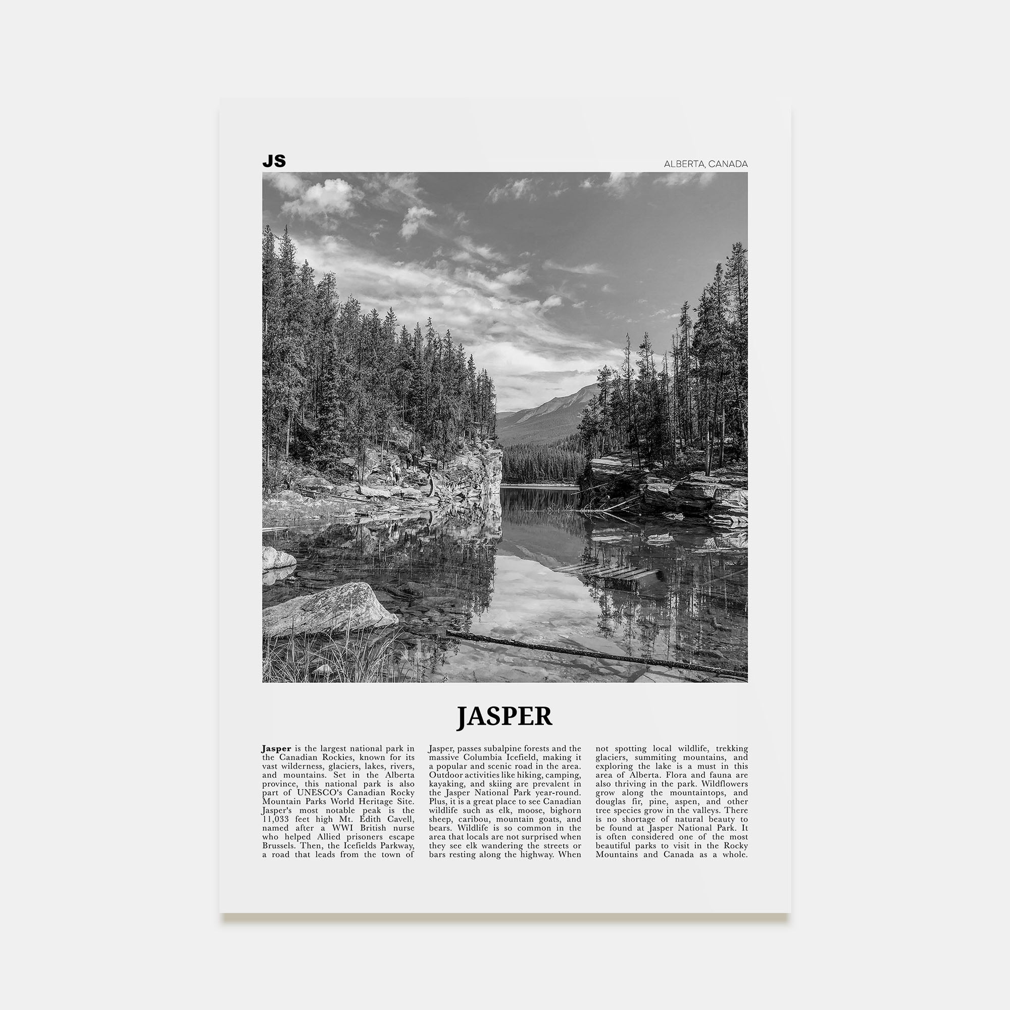 Jasper National Park Travel B&W Poster