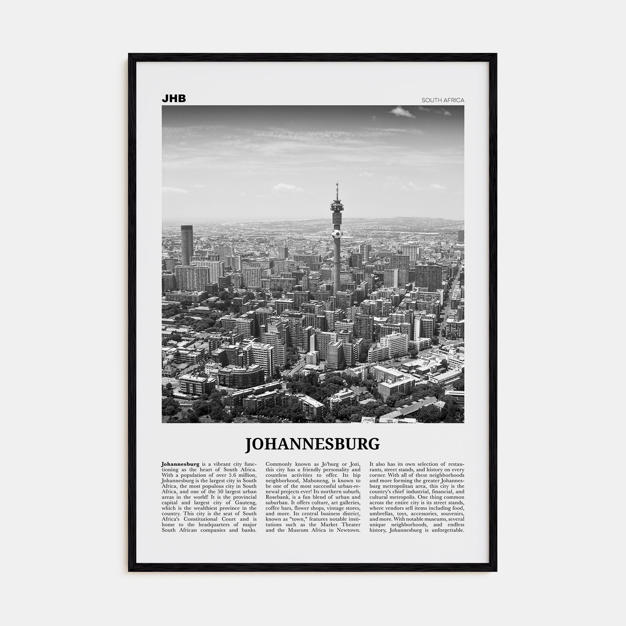 Johannesburg Travel B&W No 1 Poster