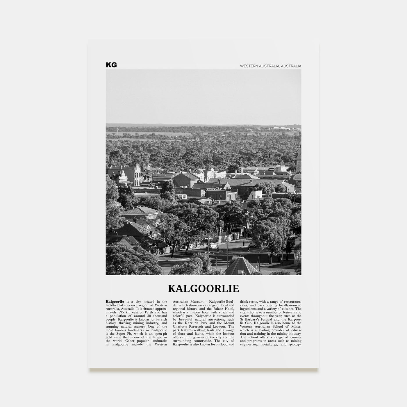 Kalgoorlie Travel B&W Poster