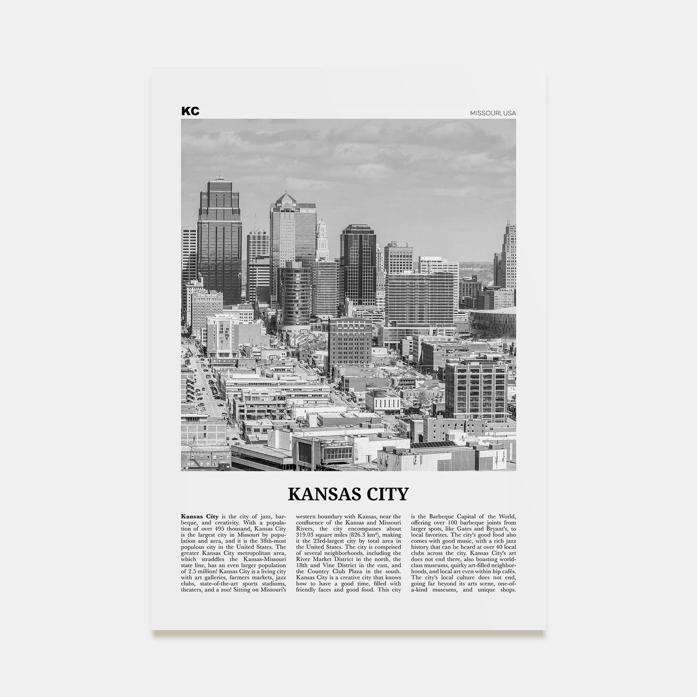 Kansas City Travel B&W No 1 Poster