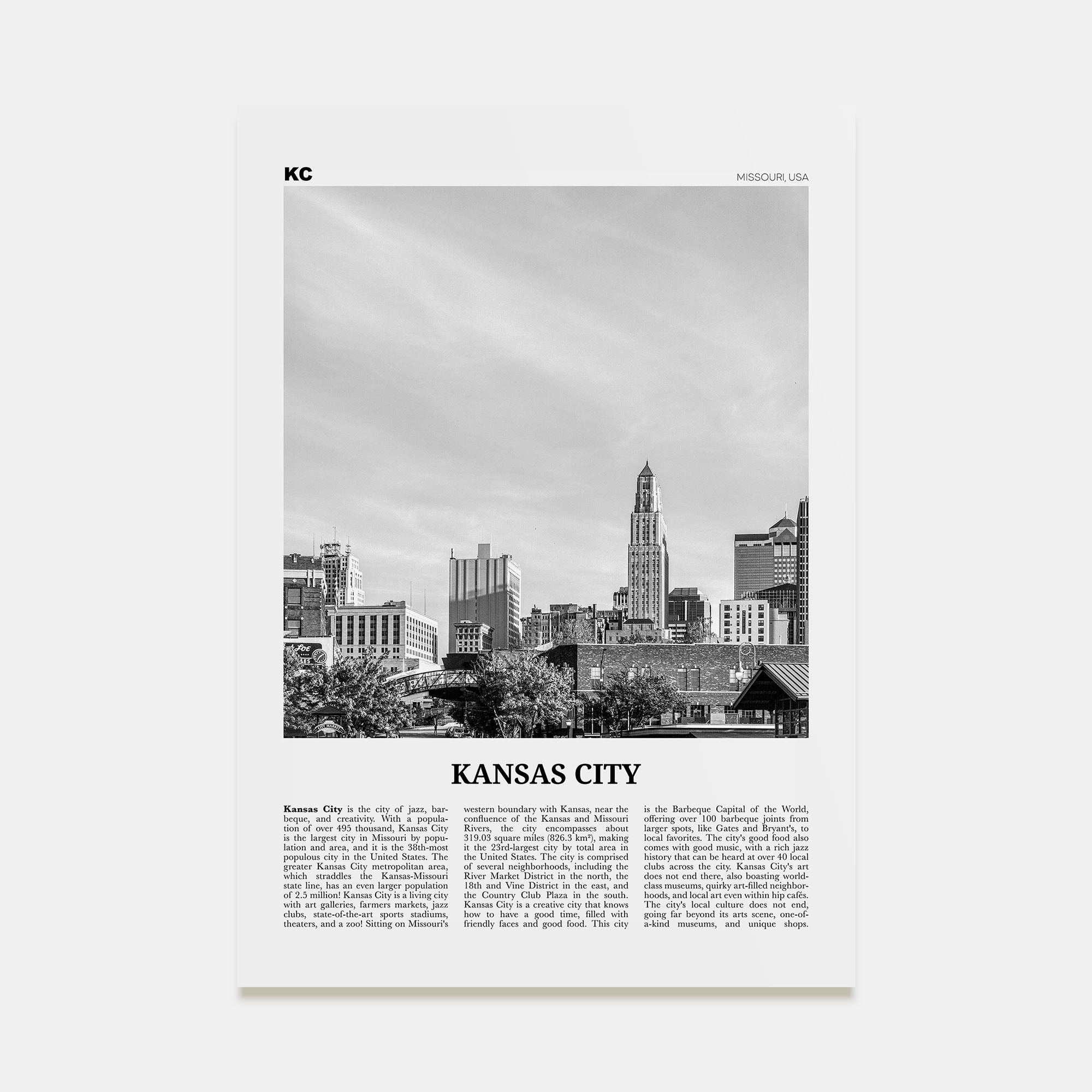 Kansas City Travel B&W No 2 Poster