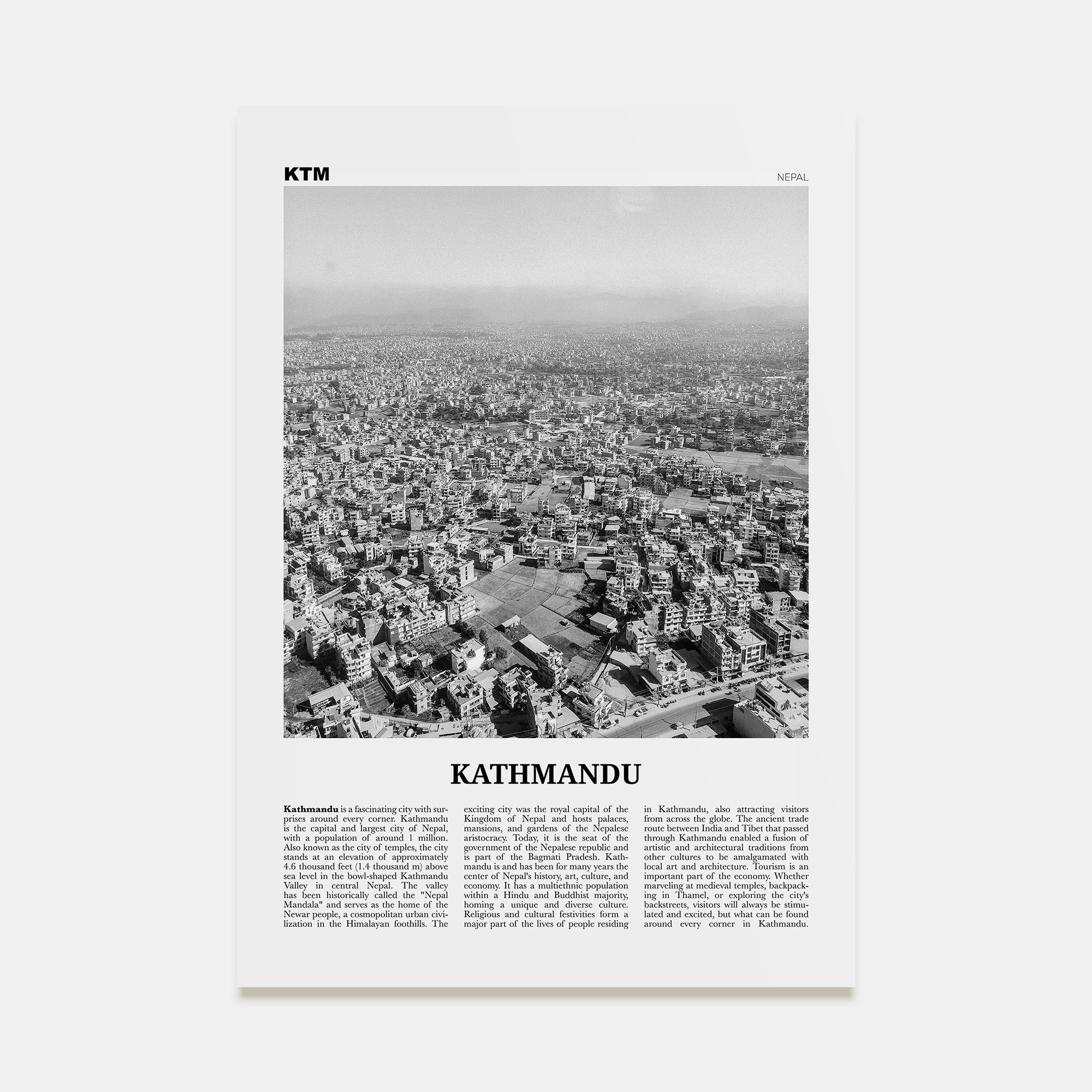 Kathmandu Travel B&W Poster