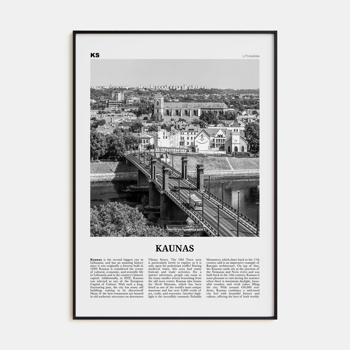 Kaunas Travel B&W Poster