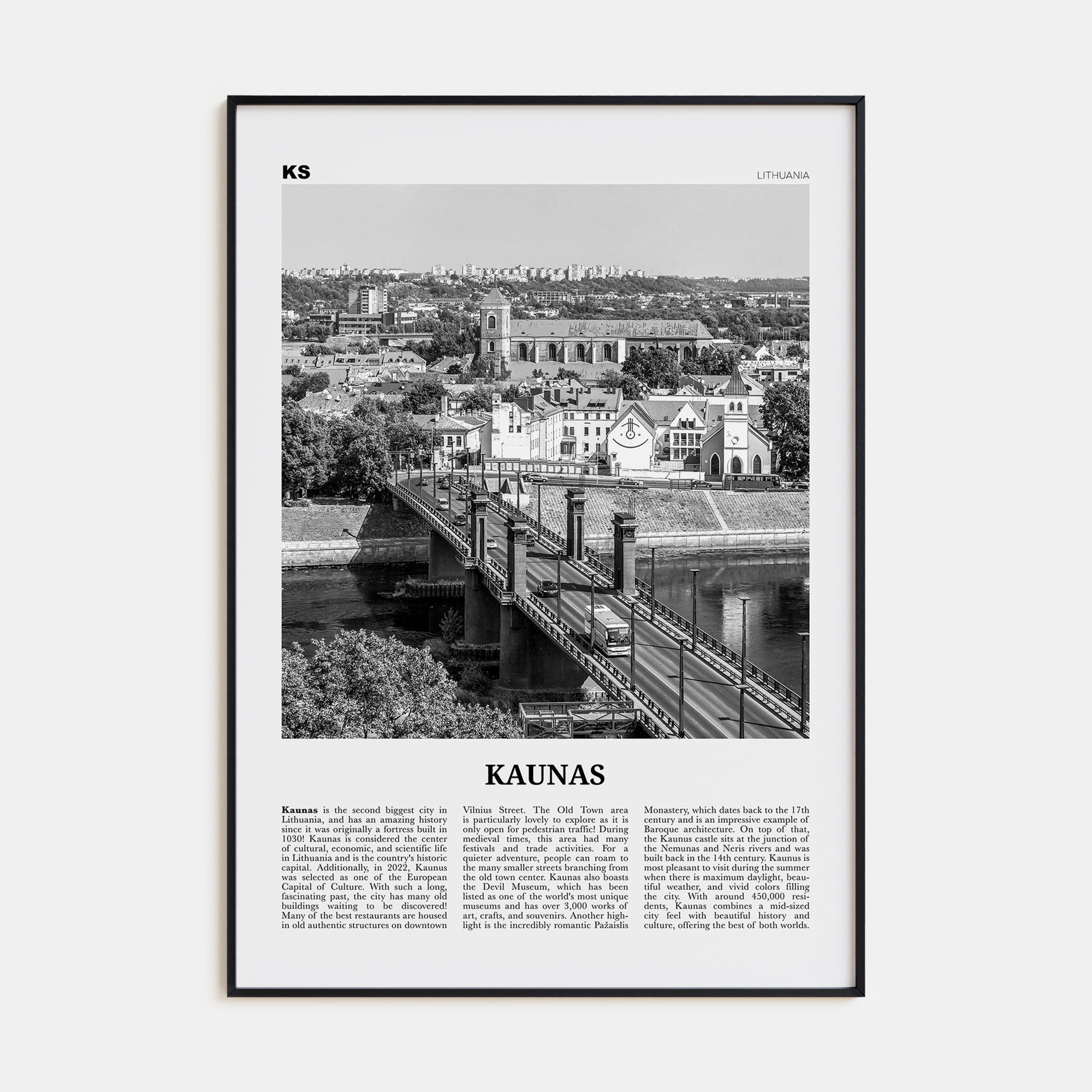 Kaunas Travel B&W Poster