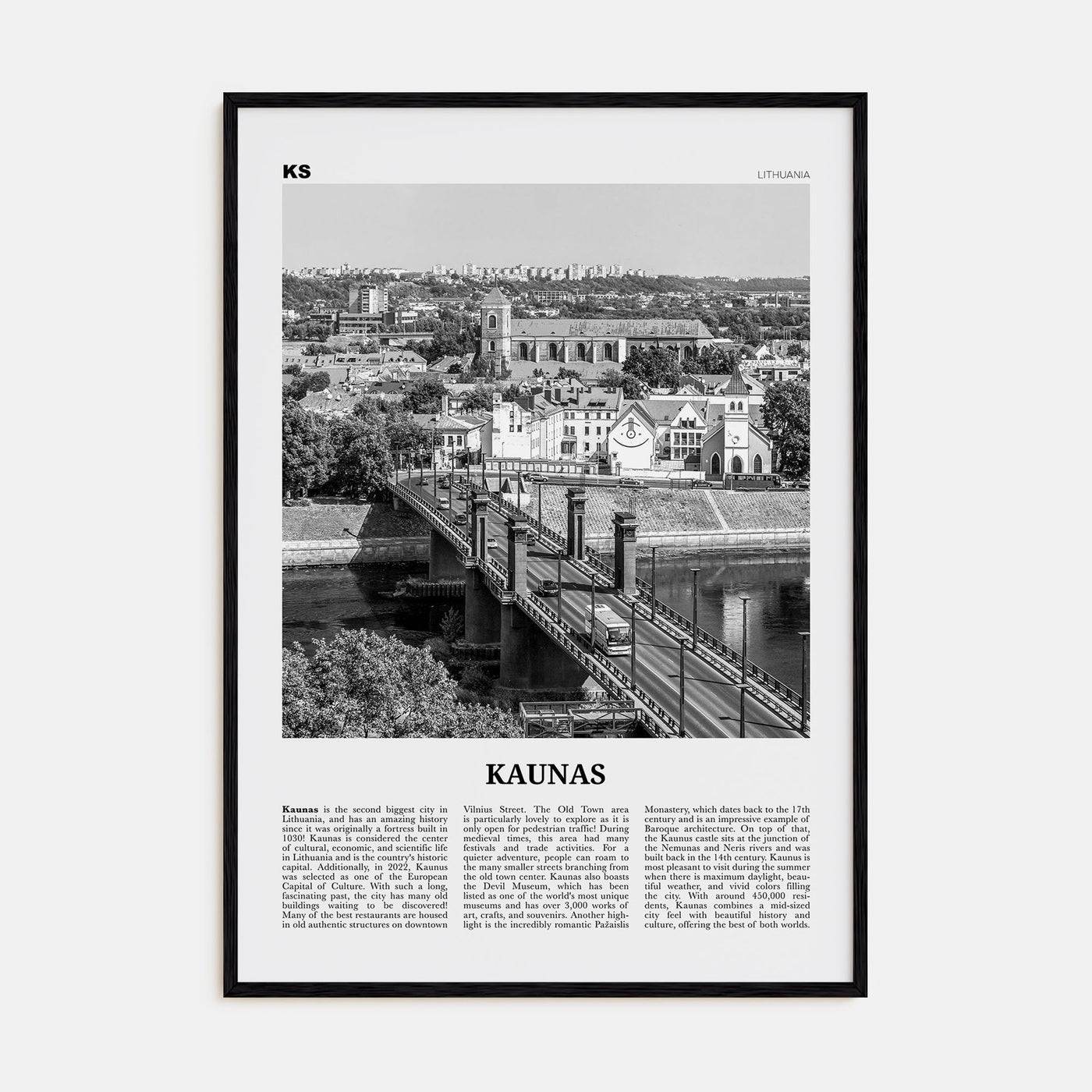 Kaunas Travel B&W Poster