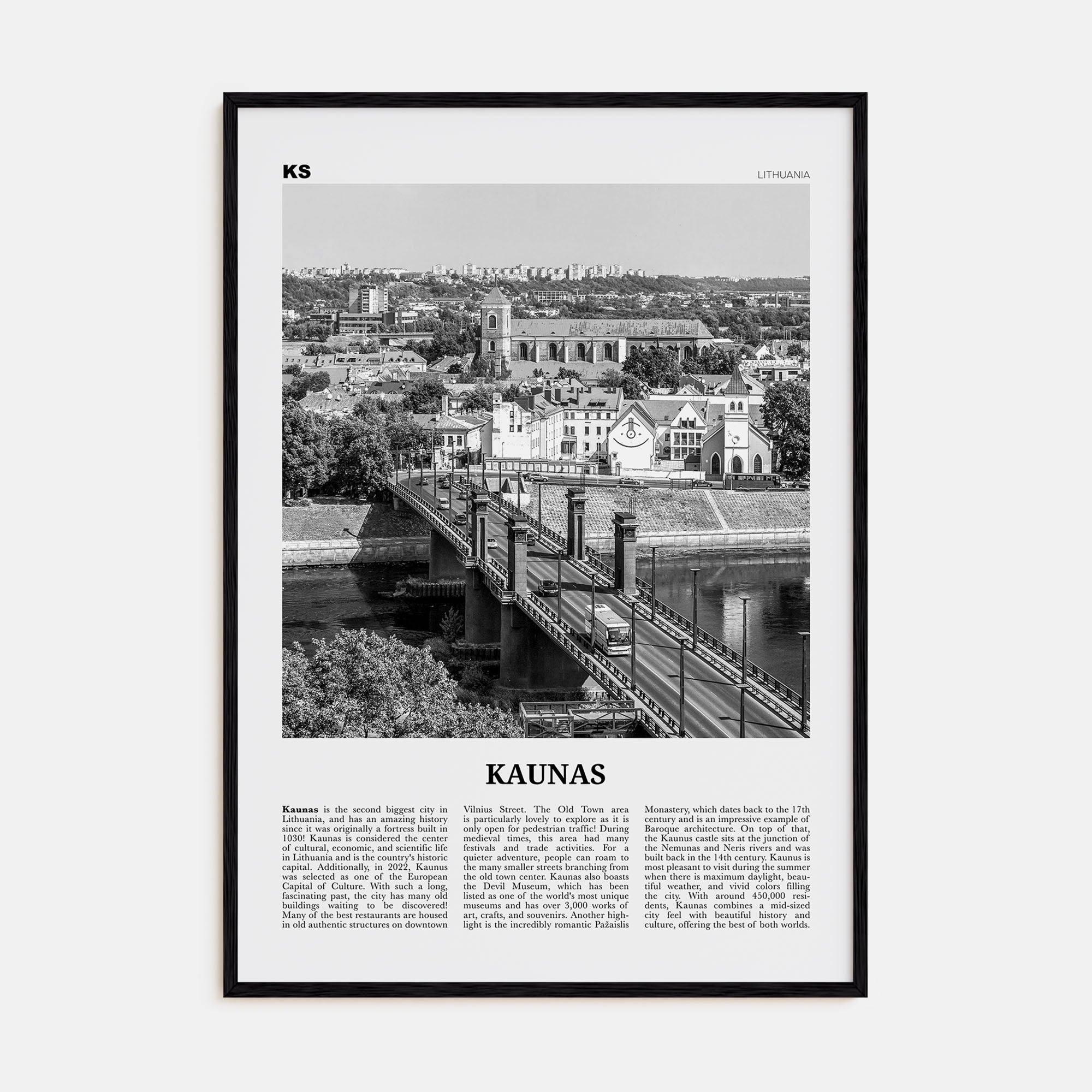 Kaunas Travel B&W Poster
